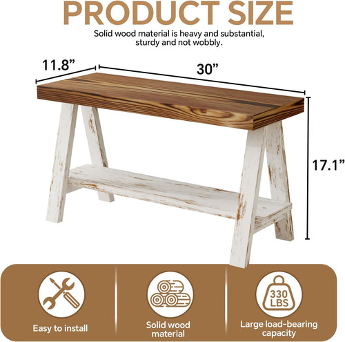 30" Farmhouse Bench, End of Bed Bench,Solid Wood Entryway Bench, Indoor Bench, Rustic Wood Bench Seat for Indoor,Entryway, Dining Room, Living Room, Hallway, end Bed and Front Door White