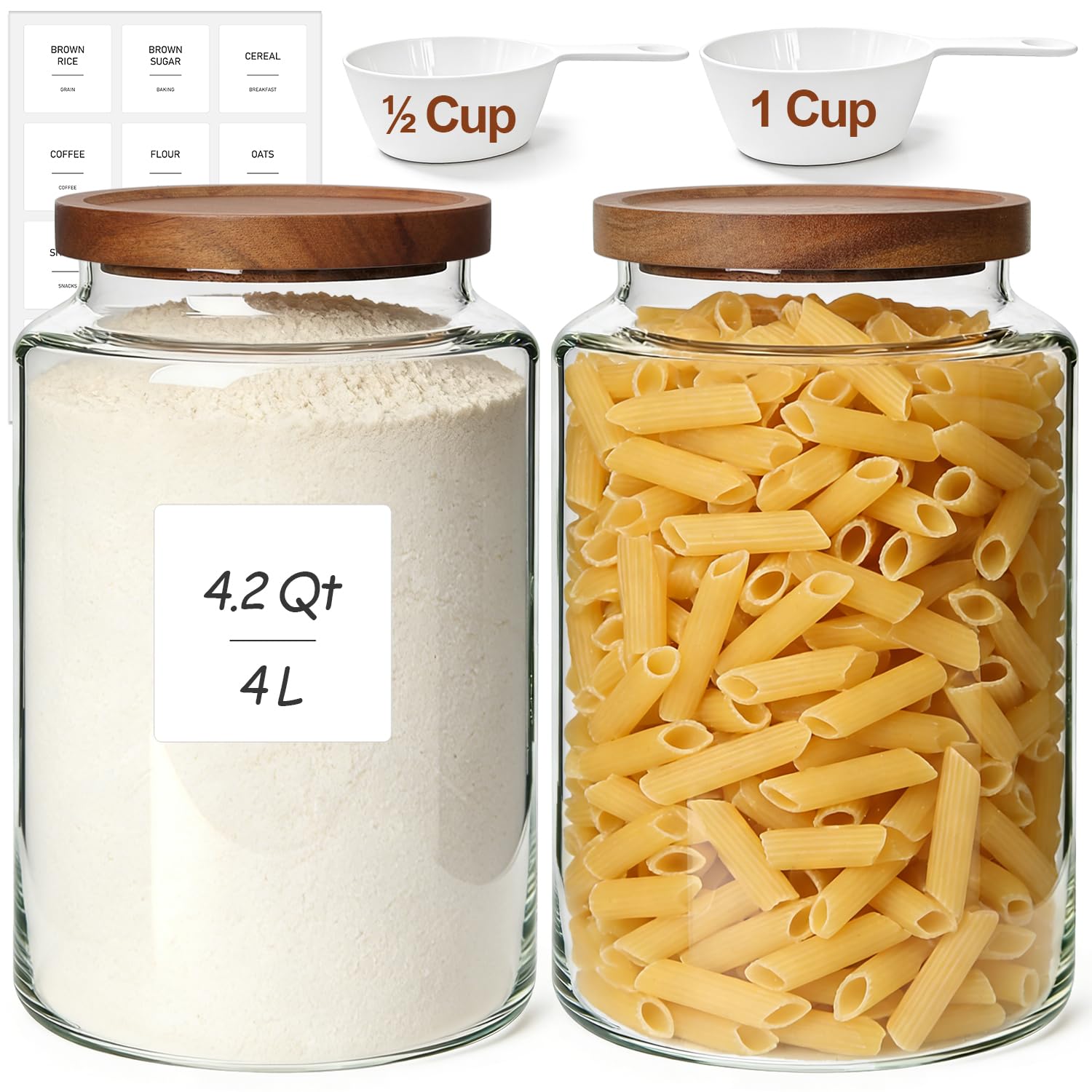 ComSaf 6PCS (1.1Qt/0.5Qt) Glass Pantry Storage Container with Acacia Wood Lid, Airtight Glass Canister with Stacked Design for Orderly Organizing, Glass Jar Organizing Dry Goods in Pantry & Cabinet