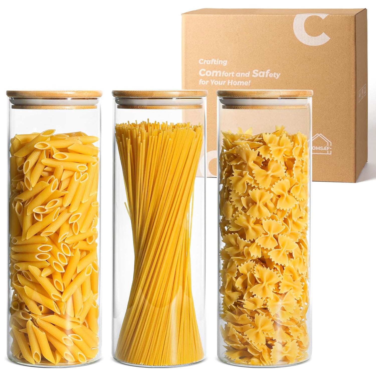 ComSaf Glass Food Storage Jars Set of 6, Tall Glass Storage Containers with Lids, Spaghetti Jar, Canisters Set for the kitchen, Pasta, Flour, Nuts, Oat, Coffee and Sugar Container, Pantry Organization