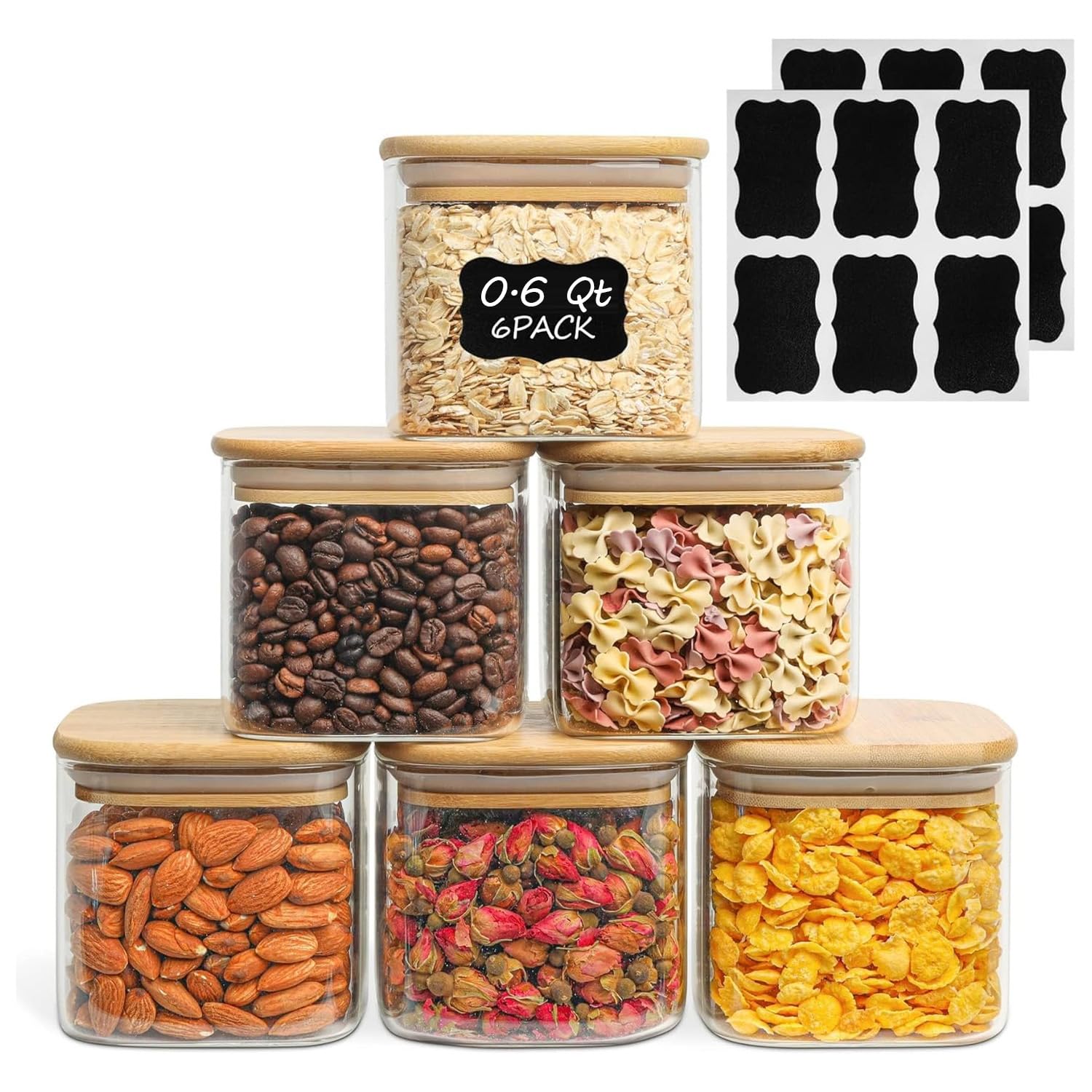 ComSaf 1.2 Qt Glass Storage Containers with Lids, Glass Jars with Lids, Clear Food Storage Jar, Square Canister Set of 9, Pantry Organizers and Storage for Cookie Flour Oat Pasta Tea Coffee Bean