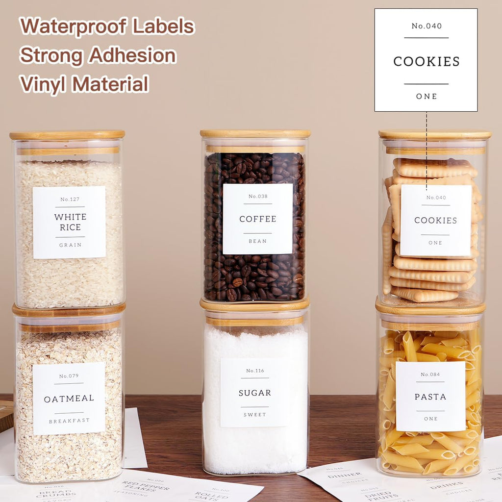 CZZGSM 6 Pack Square Kitchen Storage Jars with Airtight Bamboo Lids and 132 Pantry Labels - 35oz Glass Canisters With Wood Lids - Food Storage Containers for Coffee, Cookie, Tea, Spice