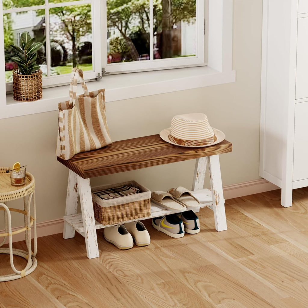 30" Farmhouse Bench, End of Bed Bench,Solid Wood Entryway Bench, Indoor Bench, Rustic Wood Bench Seat for Indoor,Entryway, Dining Room, Living Room, Hallway, end Bed and Front Door White