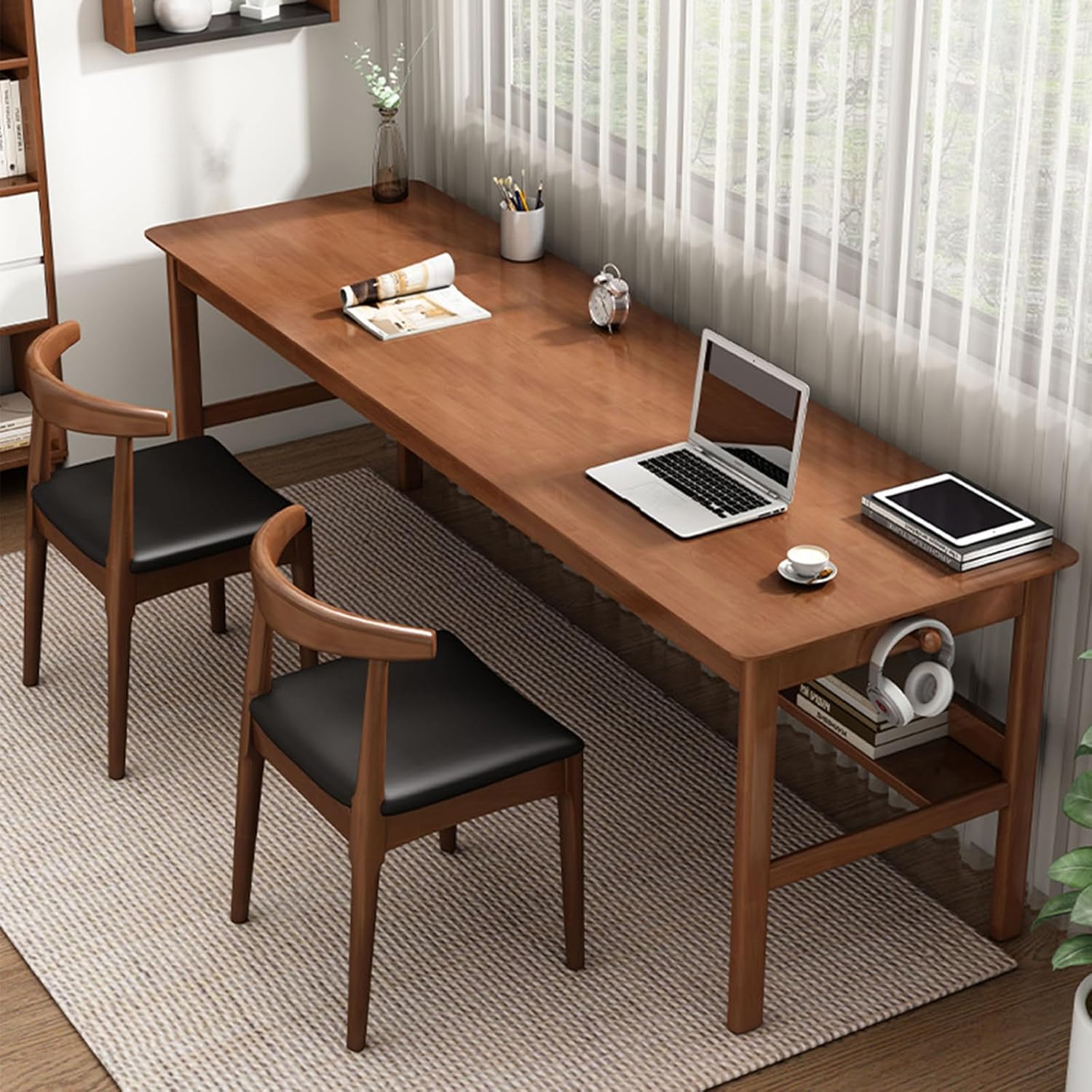 Solid Wood Dining Chair with Walnut Finish Set of 2 Mid Century Modern Upholstered PU Leather Dining Chairs with Curved Backrest for Dining Room, Kitchen, Study Room, Walnut Color