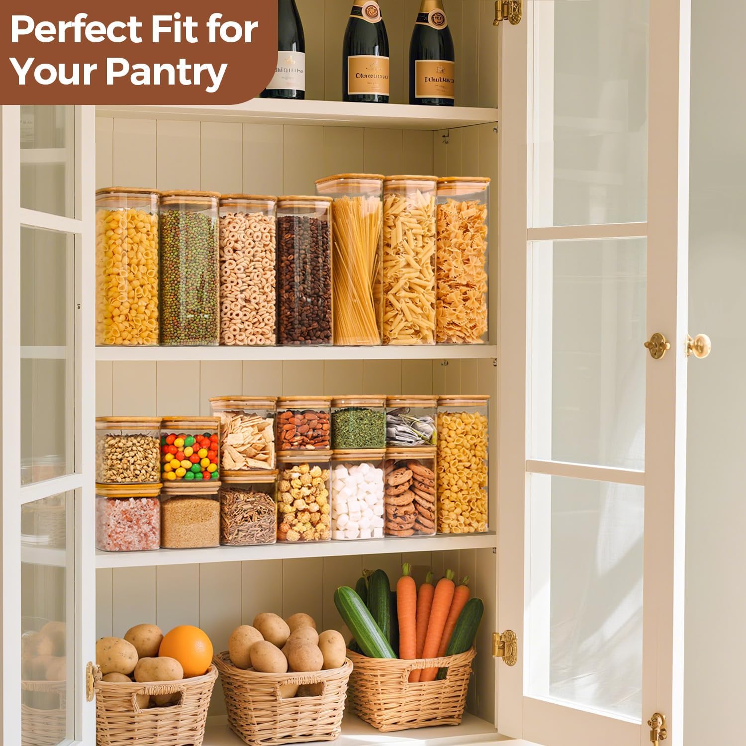 ComSaf Airtight Glass Storage Canister with Lids (0.7Qt/1.2Qt/1.6Qt) Set of 6, Food Storage Container Kitchen Pantry Storage Jar, Glass Jars for Flour Cereal Sugar Tea Coffee Beans Snacks, Square