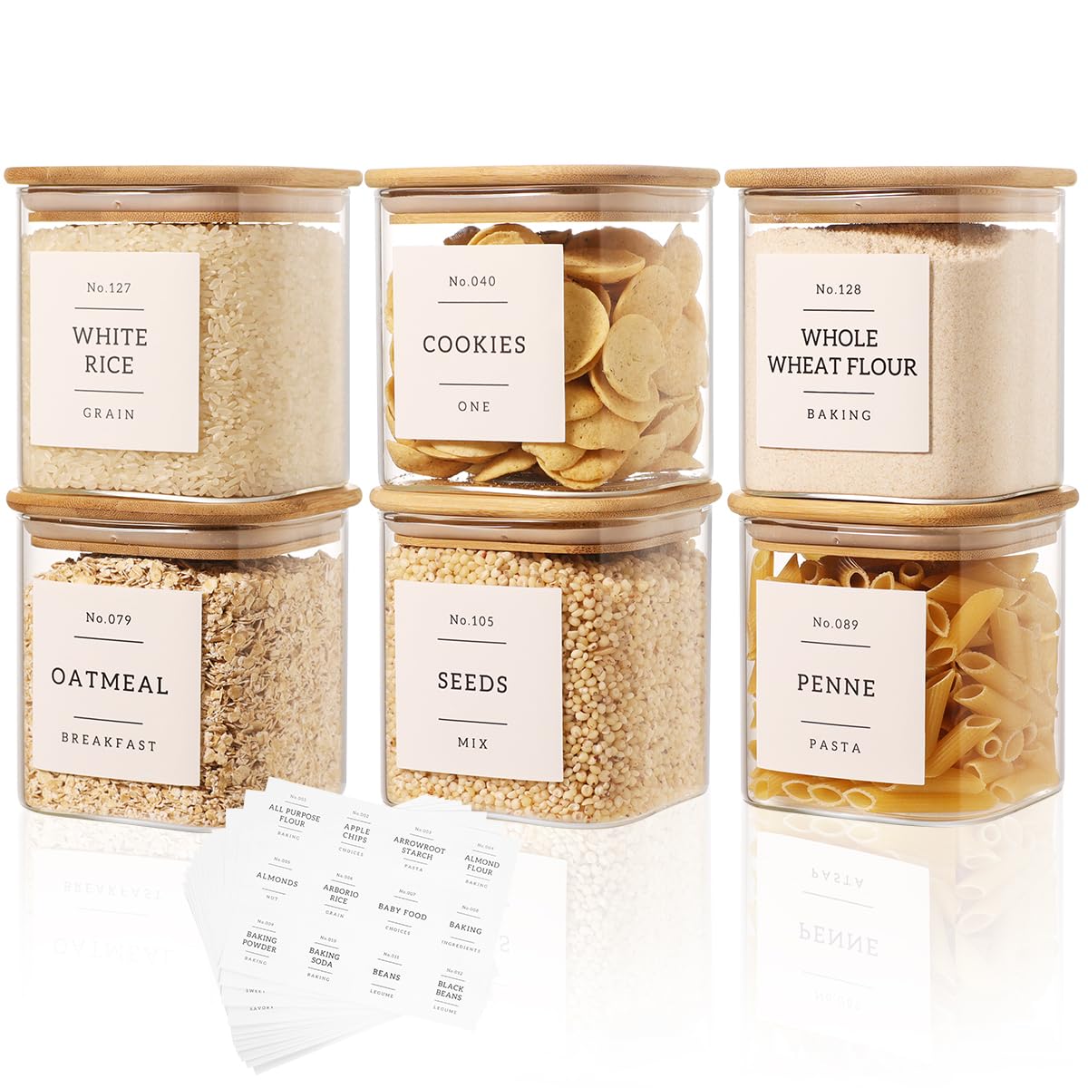 5 Pack Square Glass Pantry Storage Containers with 132 Kitchen Food Pantry Labels - Clear Glass Pantry Jars with Airtight Wood Bamboo Lids - Glass Canisters for Pasta, Cereal, Coffee, Flour, Sugar