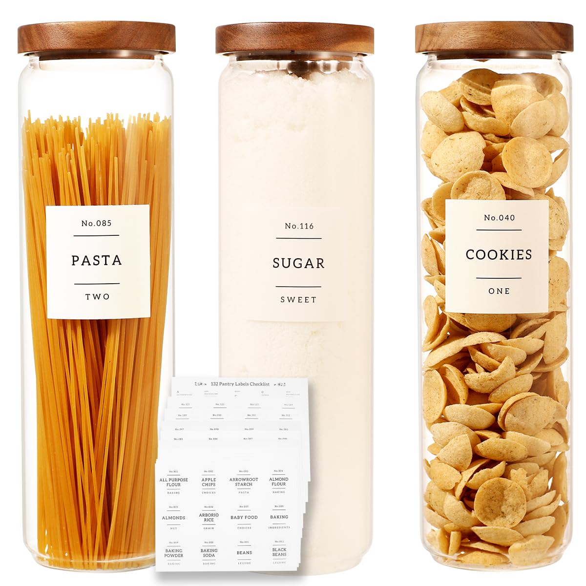 6 Pack Glass Canisters with Airtight Acacia Lids and 132 Kitchen Pantey Labels Preprint - 24 Fl Oz Borosilicate Glass Pantry Storage Jars Containers with Wooden Lids for Tea,Sugar,Cookie,Coffee,Candy