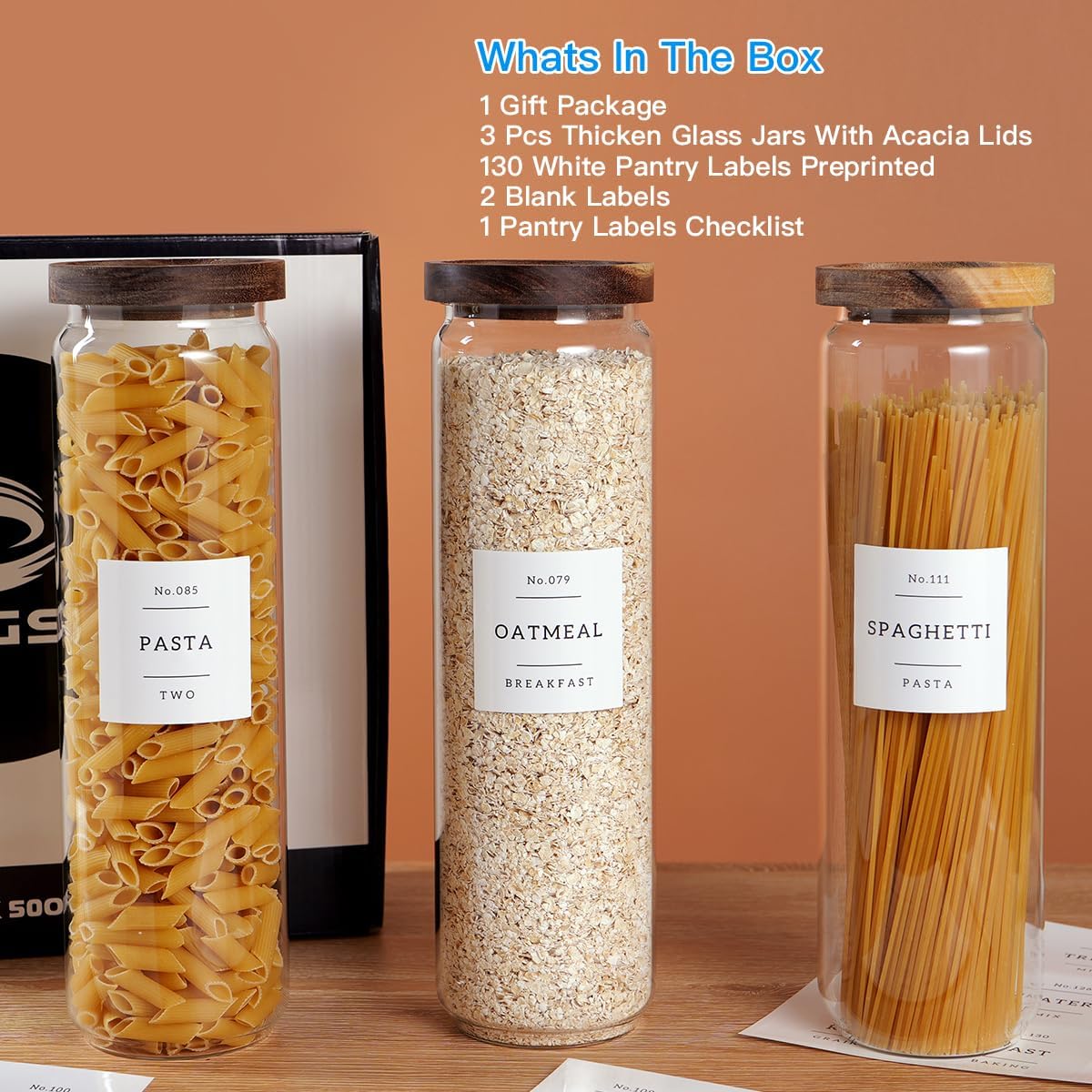 CZZGSM 3 Set Glass Pantry Storage Jars with Acacia Airtight Lid - 50oz Thicken Glass Kitchen Canisters with 132 Pantry Labels - Tall Food Storage Containers with Wood Lid for Pasta,Spaghetti,Cereal