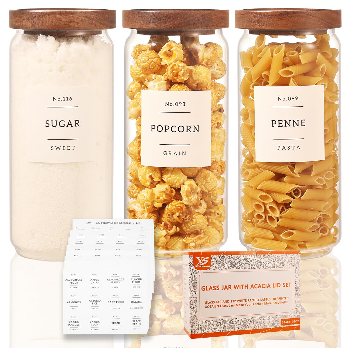 6 Pack Glass Canisters with Airtight Acacia Lids and 132 Kitchen Pantey Labels Preprint - 24 Fl Oz Borosilicate Glass Pantry Storage Jars Containers with Wooden Lids for Tea,Sugar,Cookie,Coffee,Candy