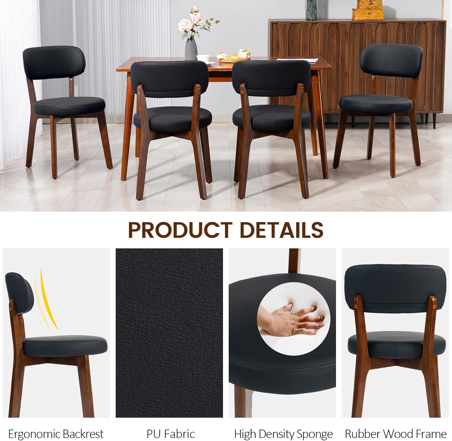 Yilaywain Mid-Century Modern Dining Chairs with Rubberwood Frame, Black Faux Leather Upholstered, 250 LBS Weight Capacity, Anti-Slip Protectors (Black)