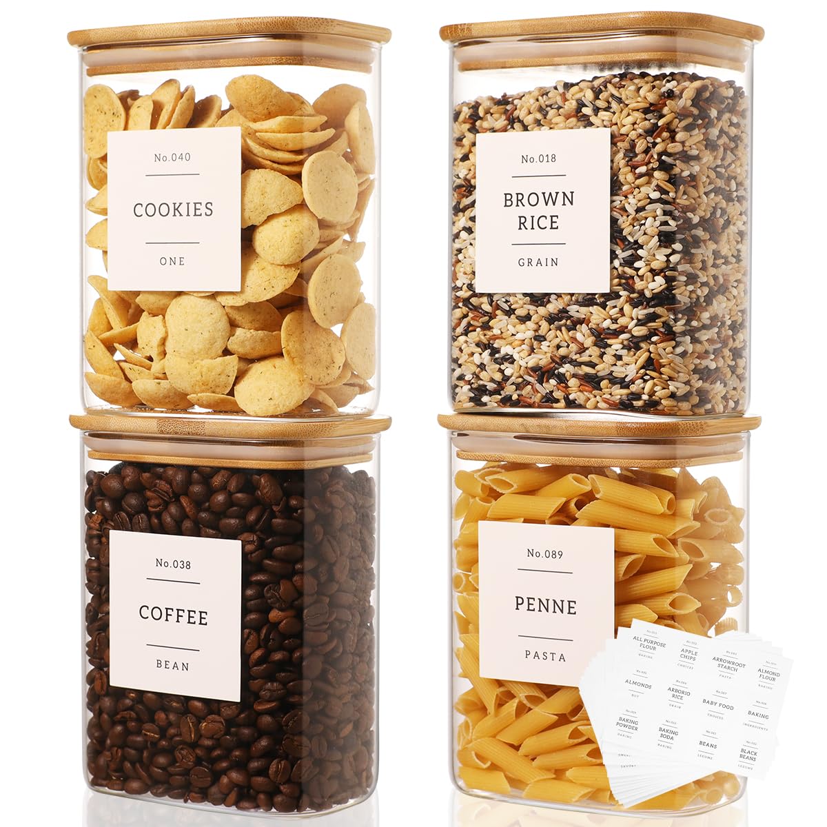 5 Pack Square Glass Pantry Storage Containers with 132 Kitchen Food Pantry Labels - Clear Glass Pantry Jars with Airtight Wood Bamboo Lids - Glass Canisters for Pasta, Cereal, Coffee, Flour, Sugar