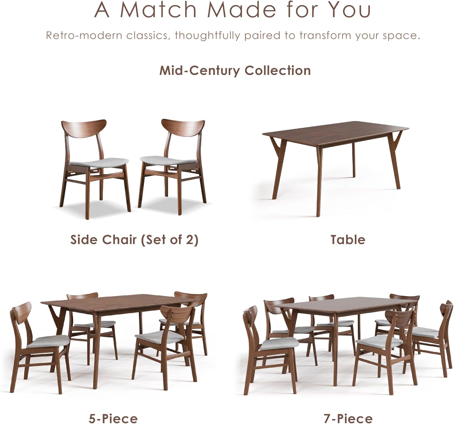 Furniture of America Beck Mid-Century Modern Dining Chairs Set of 2, Solid Wood with Curved Backrest and Angled Legs, Boucle Fabric Padded Seat for Dinner Room, Kitchen, or Living Space, Walnut Brown