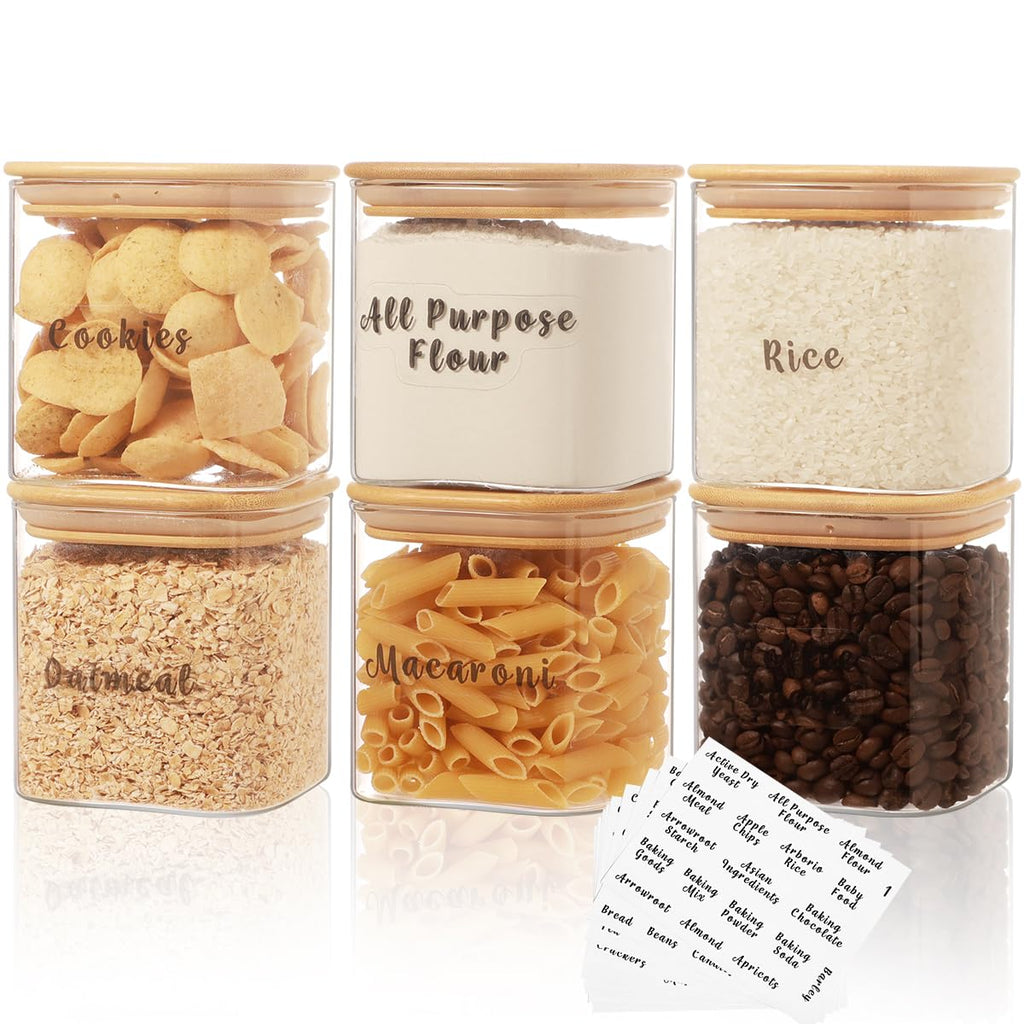 6 Pcs Square Glass Pantry Storage Containers with Bamboo Airtight Lid and 248 Clear Pantry Labels Preprinted - 37oz Thicken Glass Food Storage Jars for Coffee, Cookie, Tea, Sugar, Spice