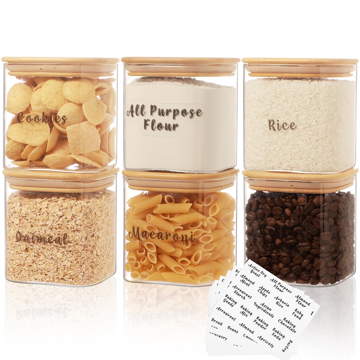 6 Pcs Square Glass Pantry Storage Containers with Bamboo Airtight Lid and 248 Clear Pantry Labels Preprinted - 37oz Thicken Glass Food Storage Jars for Coffee, Cookie, Tea, Sugar, Spice