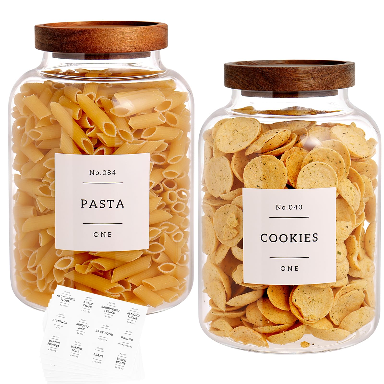 CZHQSMZ Set of 2 Large Glass Jar with Airtight Acacia Lid and 132 Kitchen Pantry Labels, Clear Glass Food Storage Jars Containers for Rice Flour Pasta Sugar Coffee Cookie and More(98 Fl Oz/2800 Ml)