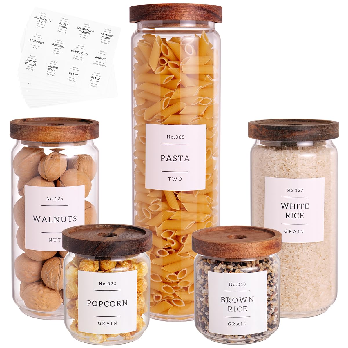 CZZGSM 3 Set Glass Pantry Storage Jars with Acacia Airtight Lid - 50oz Thicken Glass Kitchen Canisters with 132 Pantry Labels - Tall Food Storage Containers with Wood Lid for Pasta,Spaghetti,Cereal