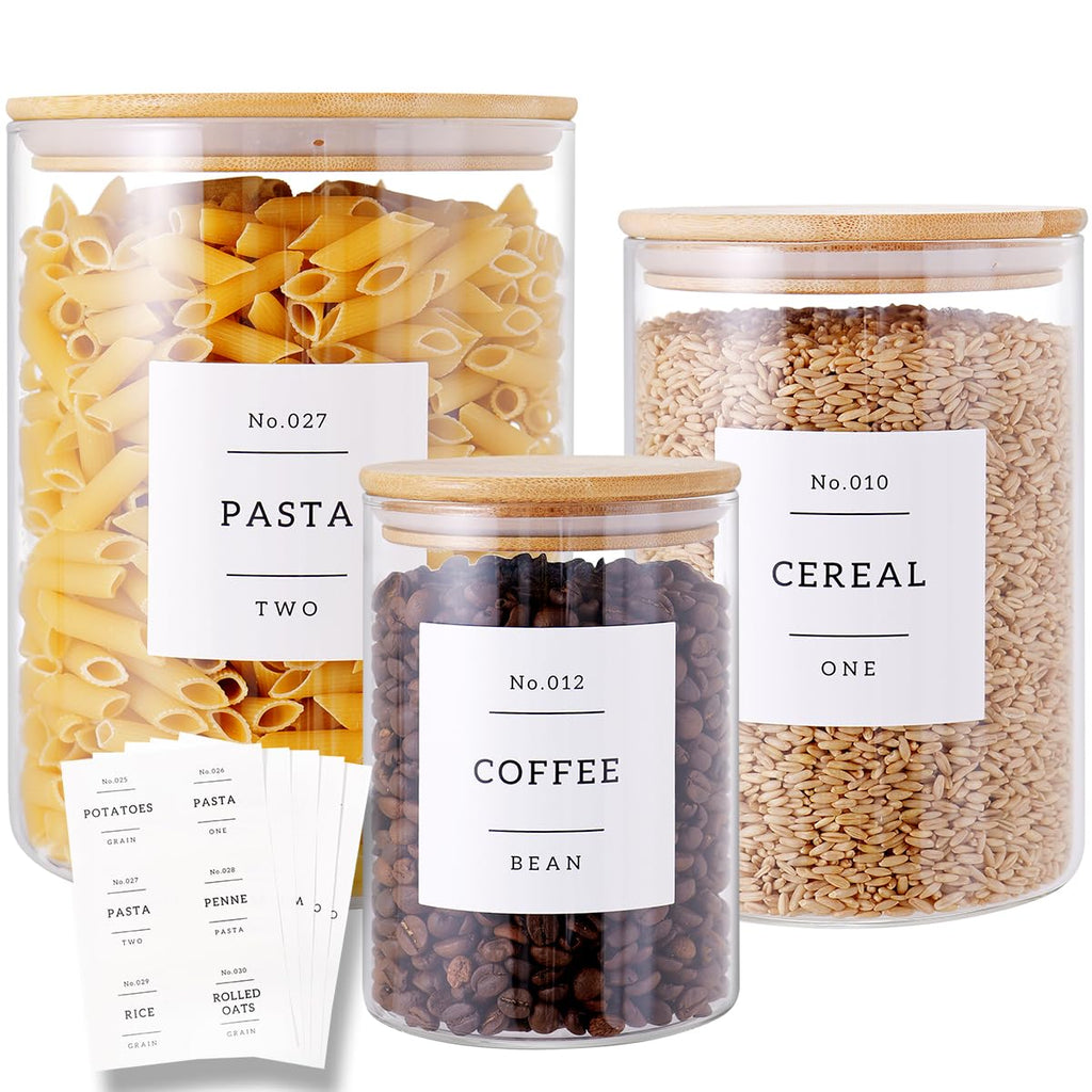 6-Pack Borosilicate Glass Storage Jars with Bamboo Lids + 132 Pre-Printed Pantry Labels Included, BPA-Free Thicken Airtight Containers for Flour, Sugar, Rice, Microwave & Freezer Safe(100OZ/54OZ/27OZ)