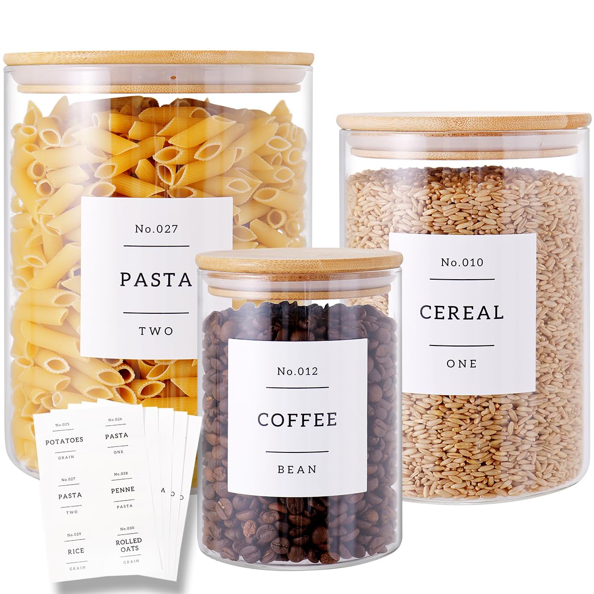 6-Pack Borosilicate Glass Storage Jars with Bamboo Lids + 132 Pre-Printed Pantry Labels Included, BPA-Free Thicken Airtight Containers for Flour, Sugar, Rice, Microwave & Freezer Safe(100OZ/54OZ/27OZ)