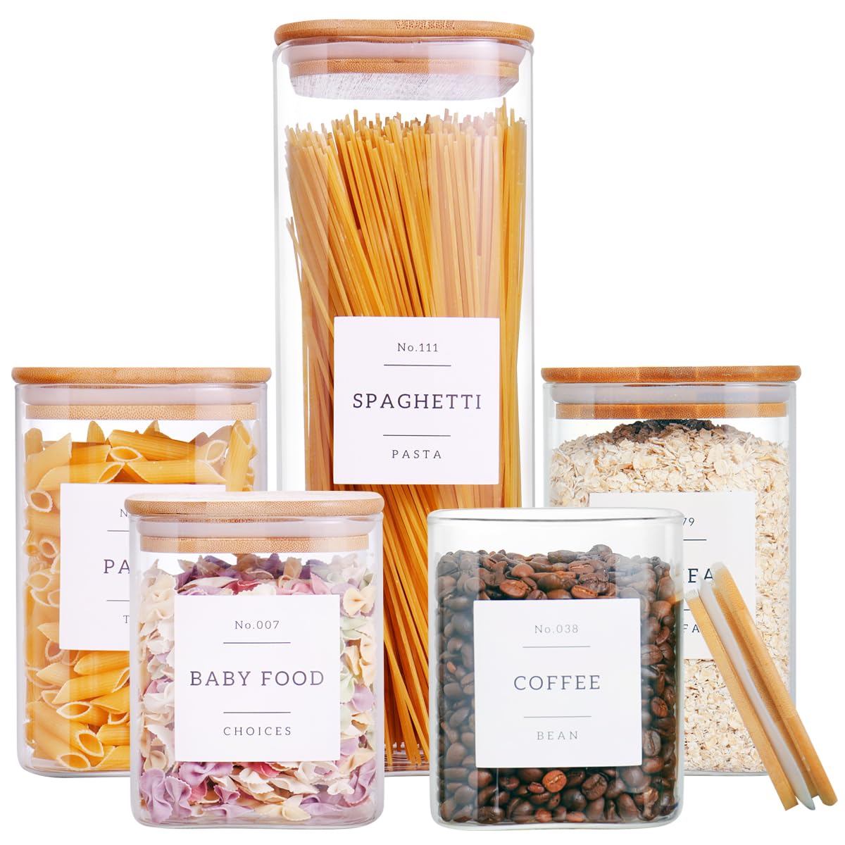CZZGSM 6 Pack Square Kitchen Storage Jars with Airtight Bamboo Lids and 132 Pantry Labels - 35oz Glass Canisters With Wood Lids - Food Storage Containers for Coffee, Cookie, Tea, Spice