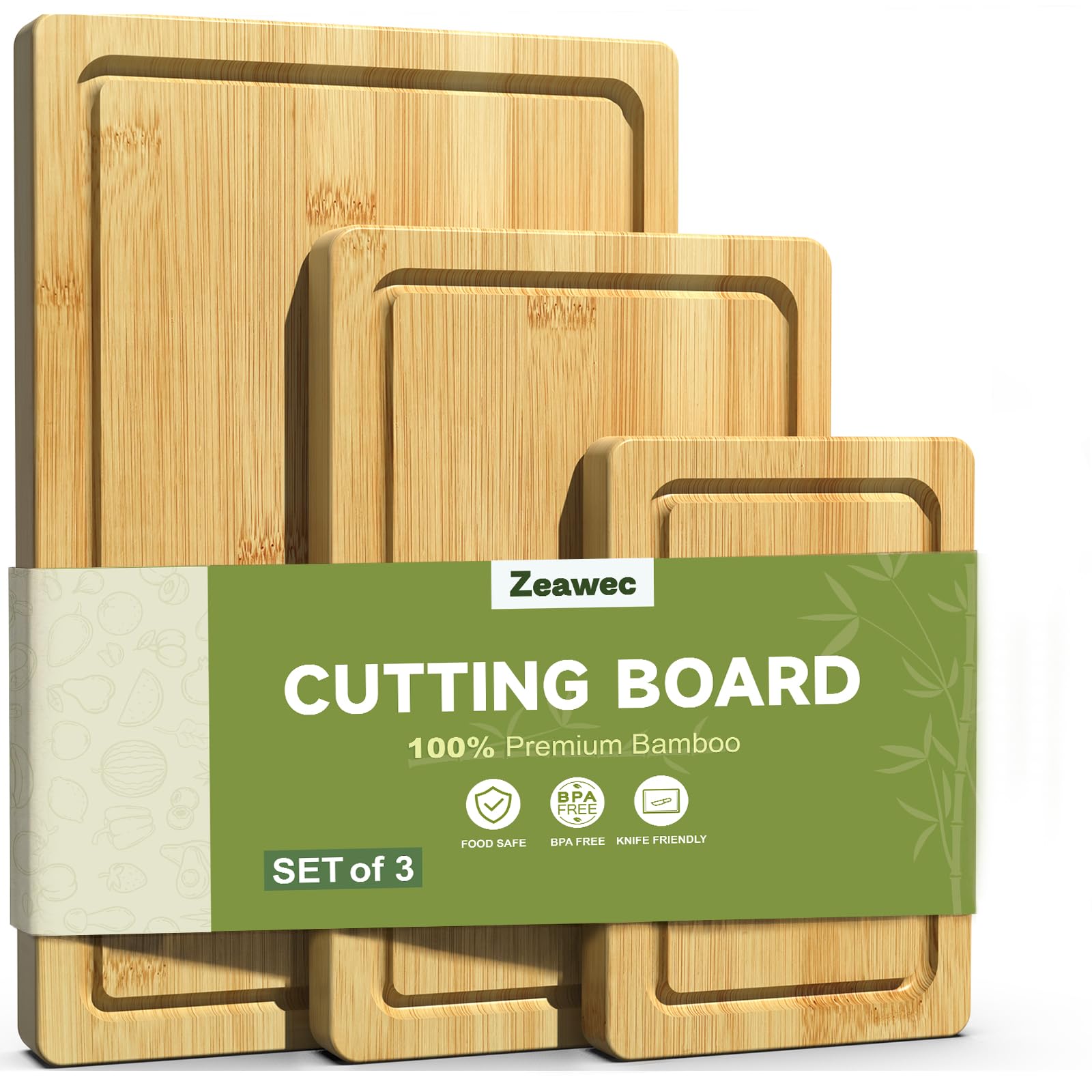 3-Piece Set Bamboo Cutting Board for Kitchen - Crack-Resistant Wood Chopping Boards with Deep Juice Grooves, Pre-Oiled Butcher Block for Meat, Vegetables & Cheese, Carbonized