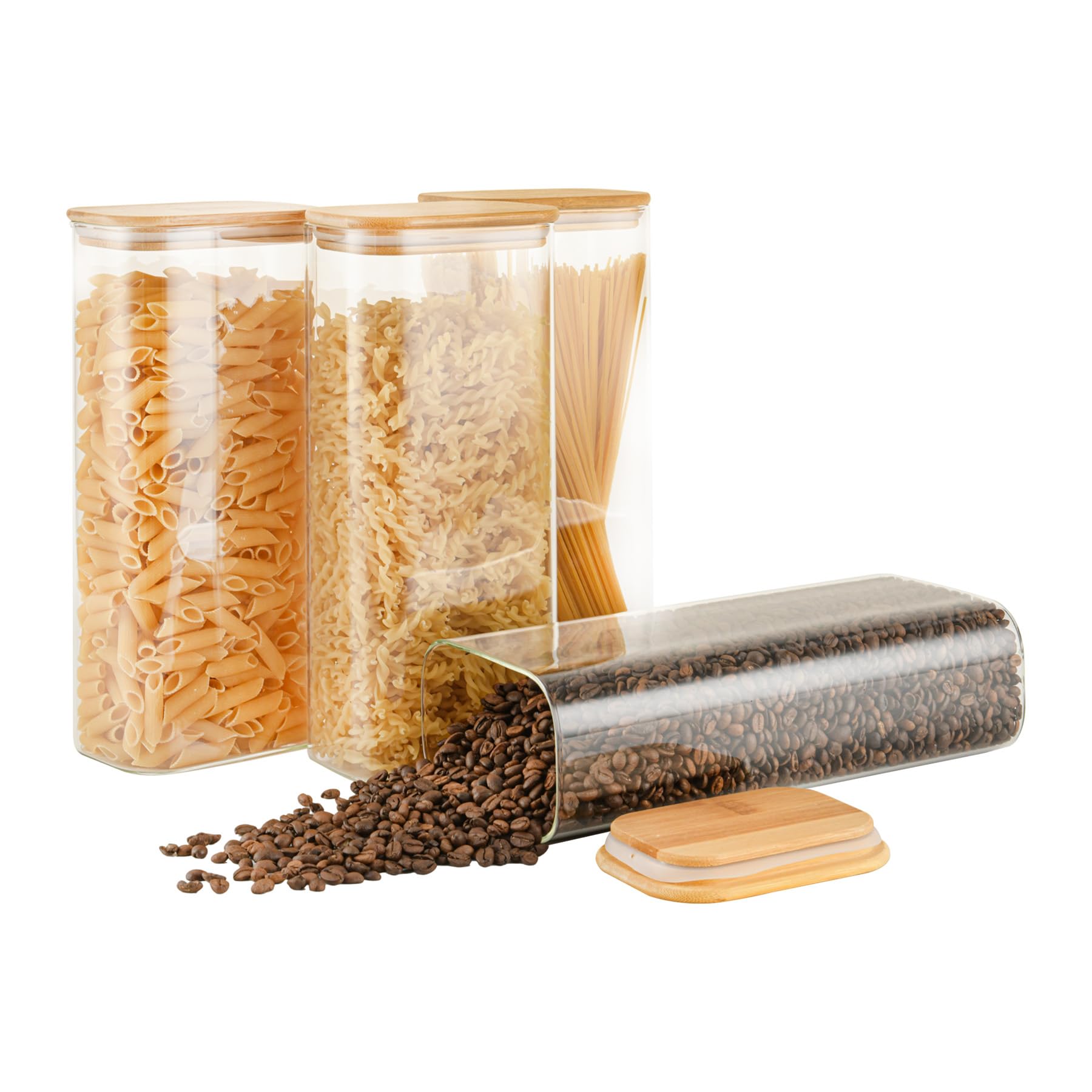 D2scrma 37oz Rectangle Airtight Glass Storage Containers with Bamboo Lids (Set of 6), Square Food Storage Jar, Pantry Organizers for Cereal, Nuts, Snacks and Coffee beans (‎with Black Lable)