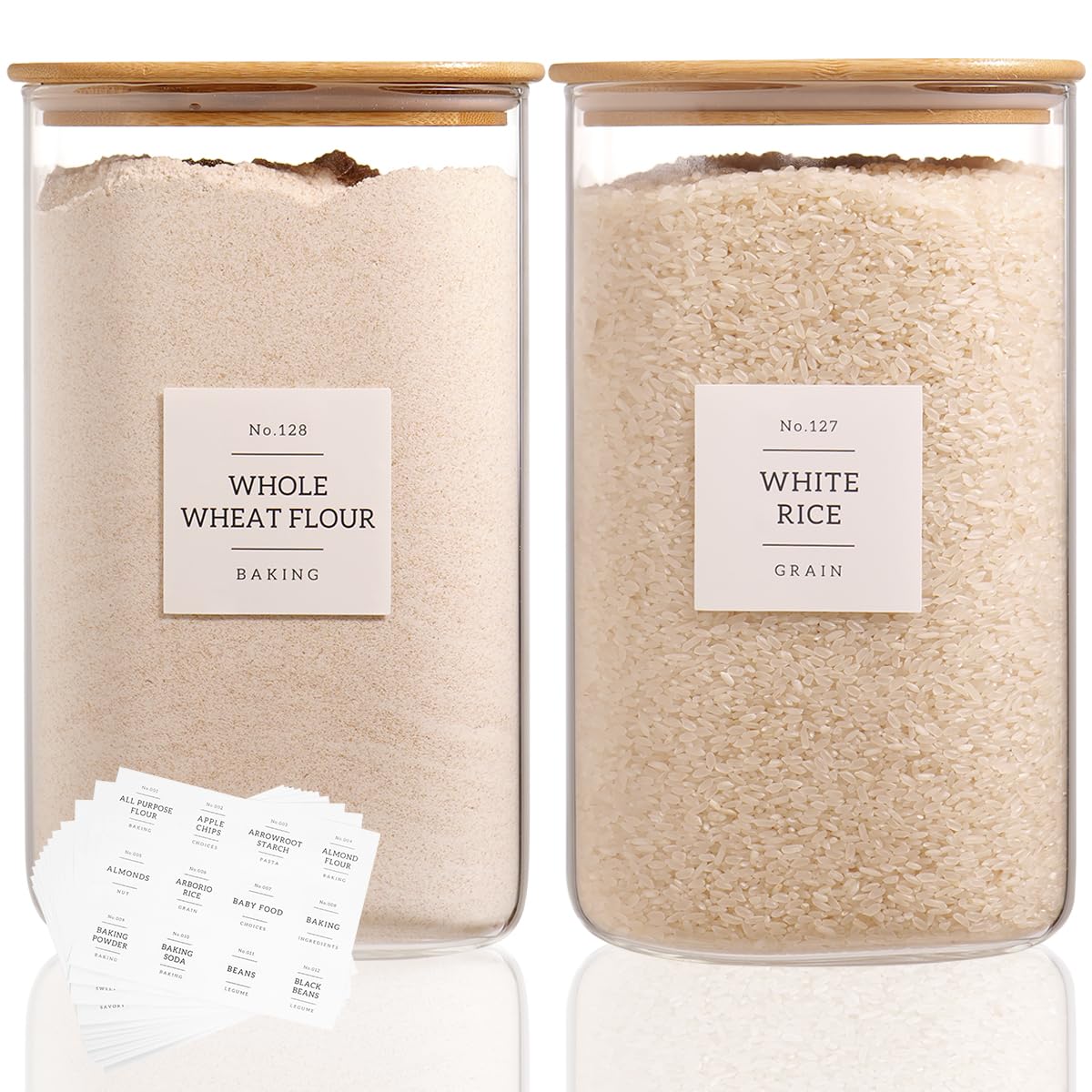 5 Pack Square Glass Pantry Storage Containers with 132 Kitchen Food Pantry Labels - Clear Glass Pantry Jars with Airtight Wood Bamboo Lids - Glass Canisters for Pasta, Cereal, Coffee, Flour, Sugar