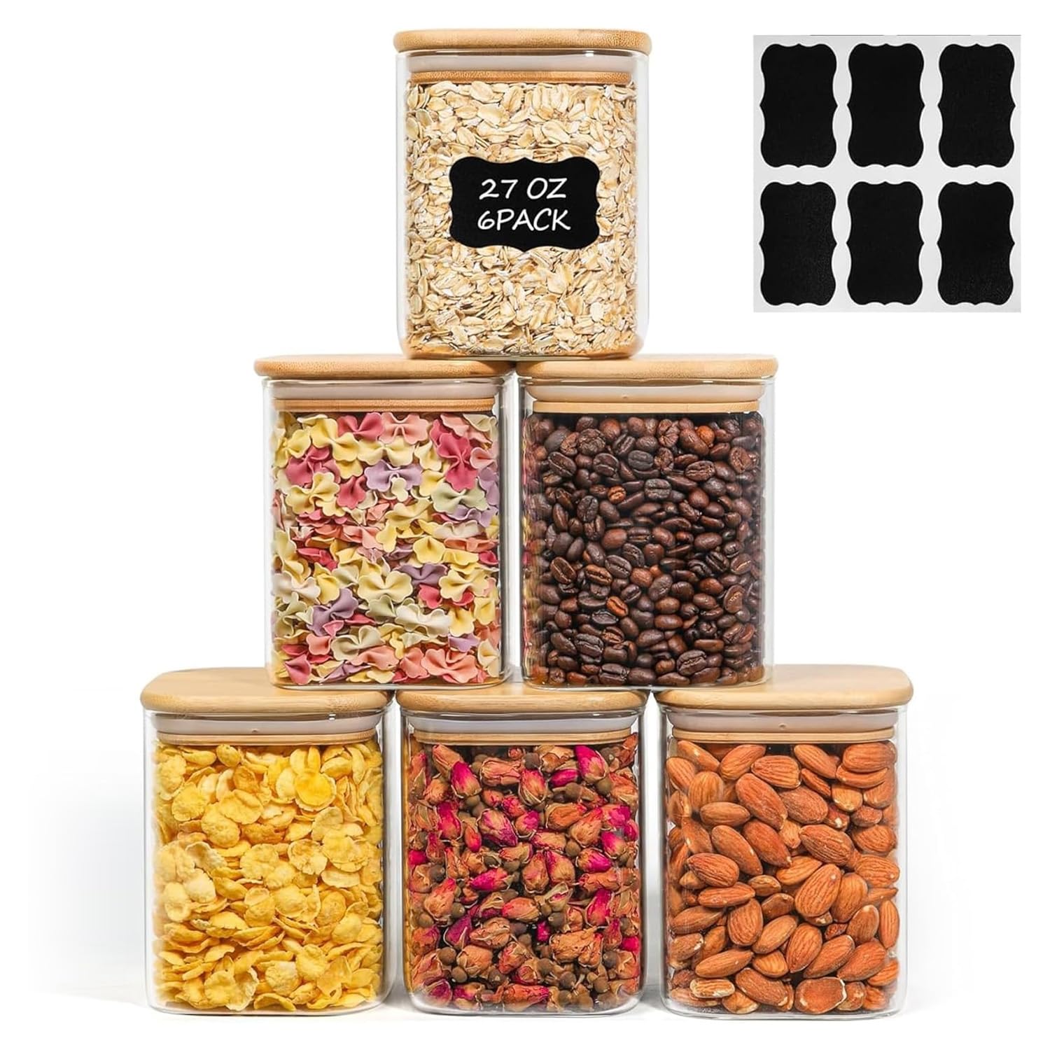 ComSaf Airtight Glass Storage Canister with Lids (0.7Qt/1.2Qt/1.6Qt) Set of 6, Food Storage Container Kitchen Pantry Storage Jar, Glass Jars for Flour Cereal Sugar Tea Coffee Beans Snacks, Square