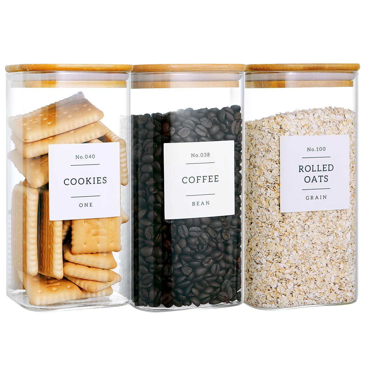 CZZGSM 6 Pack Square Kitchen Storage Jars with Airtight Bamboo Lids and 132 Pantry Labels - 35oz Glass Canisters With Wood Lids - Food Storage Containers for Coffee, Cookie, Tea, Spice