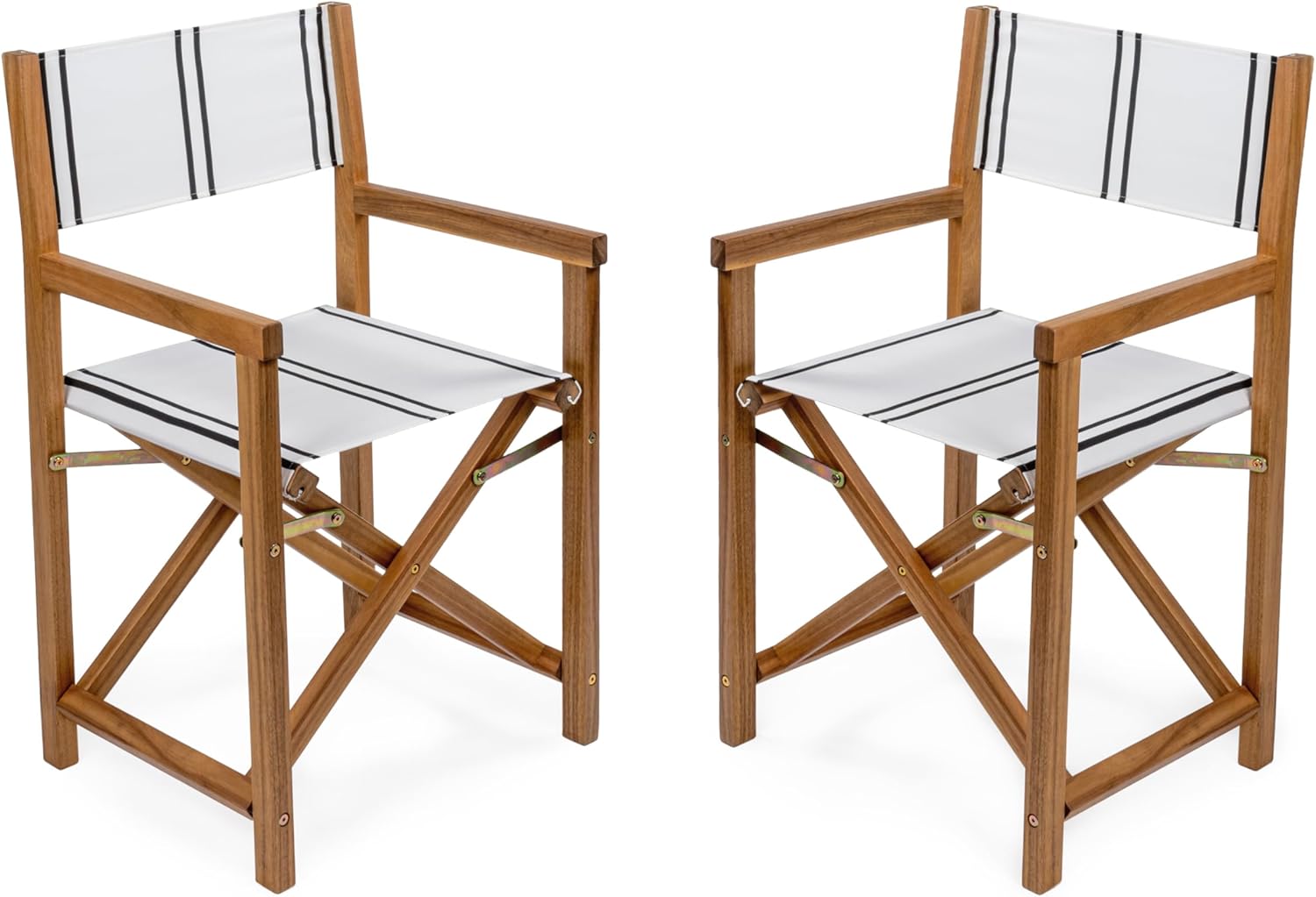 JONATHAN Y DRC1001B-SET2 Cukor Classic Vintage Outdoor Acacia Wood Folding Director Chair with Canvas Seat Mid-Century, Modern, Traditional, Classic, Coastal, White/Black Stripe/Teak Brown (Set of 2)