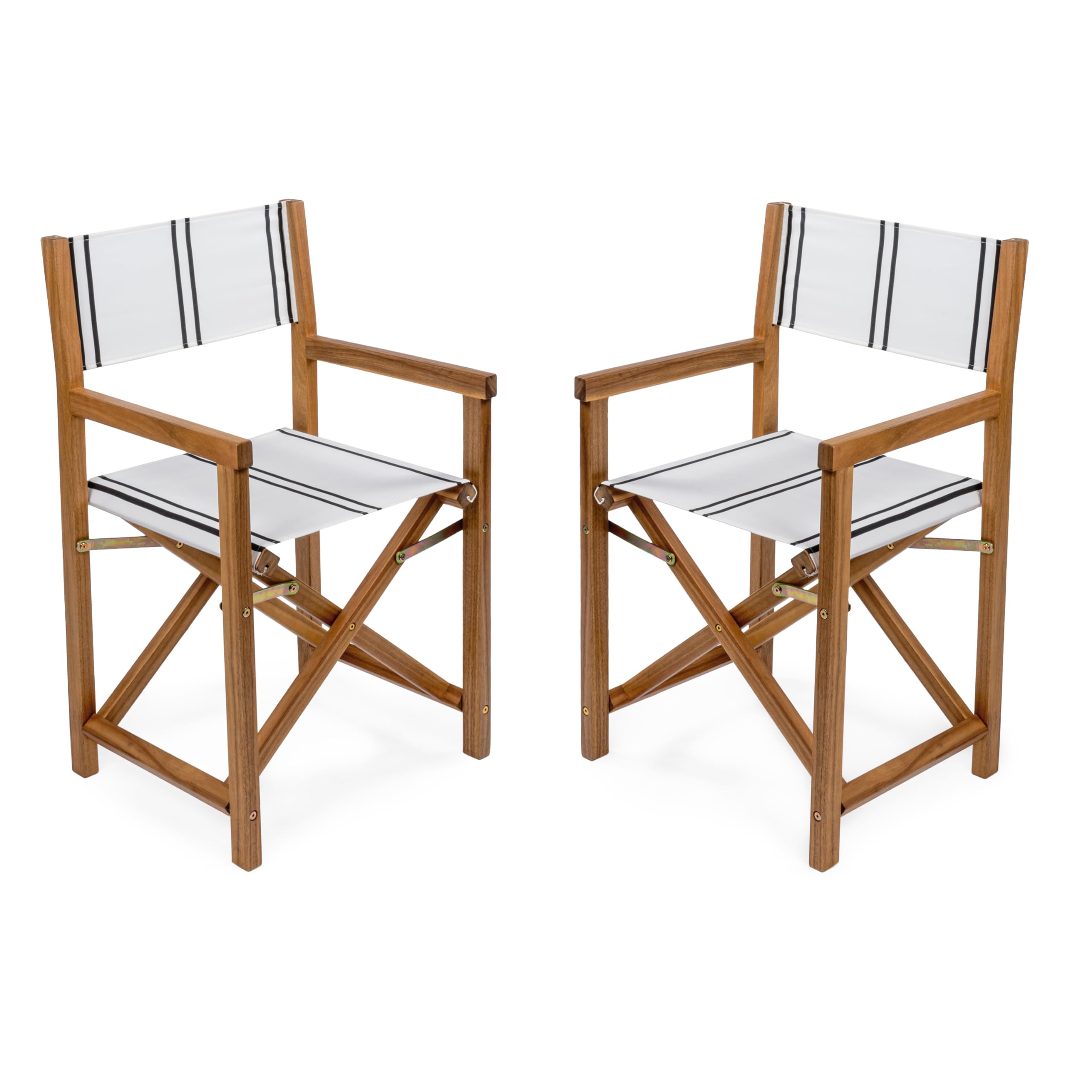 JONATHAN Y DRC1001B-SET2 Cukor Classic Vintage Outdoor Acacia Wood Folding Director Chair with Canvas Seat Mid-Century, Modern, Traditional, Classic, Coastal, White/Black Stripe/Teak Brown (Set of 2)