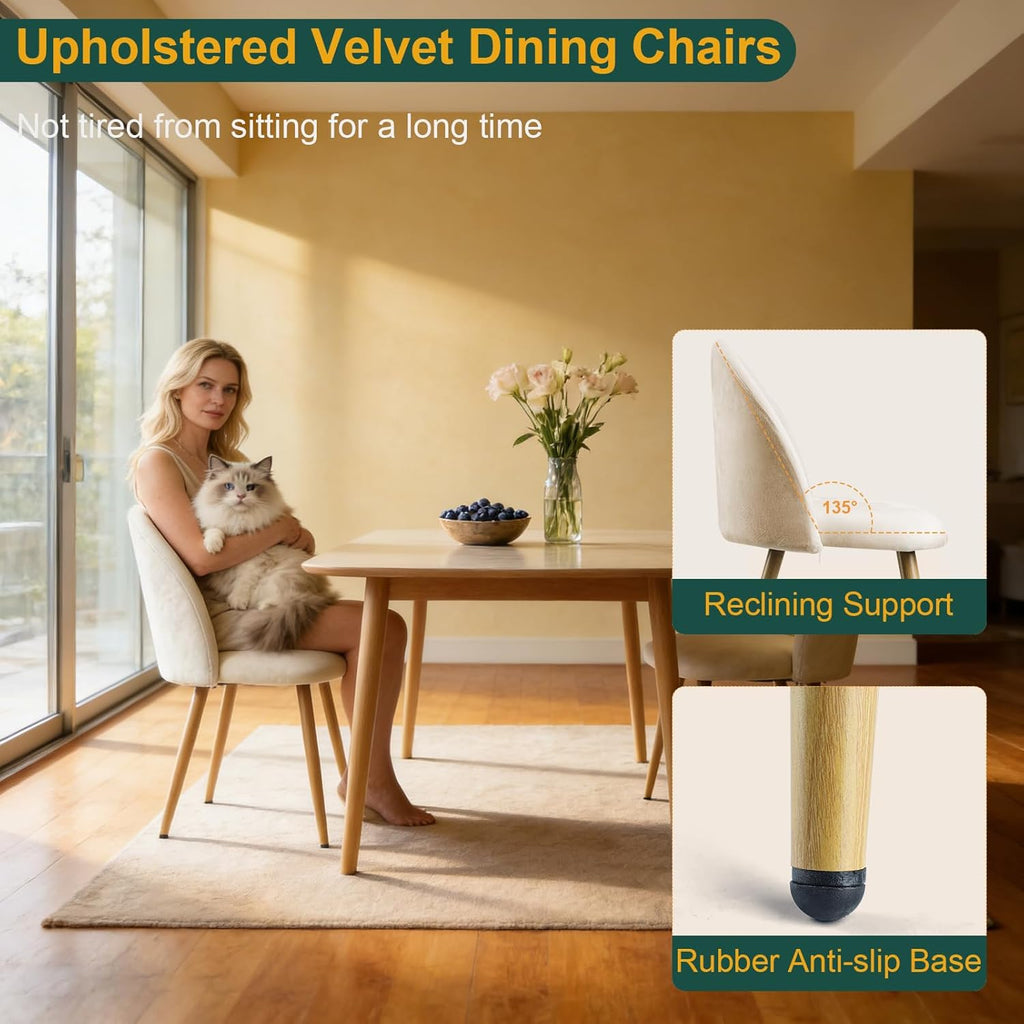 Dining Chairs Set of 2, Velvet Comfortable Seats, Mid-Century Modern Living Room Chairs, Upholstered Kitchen Chairs with Wooden Legs and Padded Seat for Bedroom Office Easy Assembly, Beige