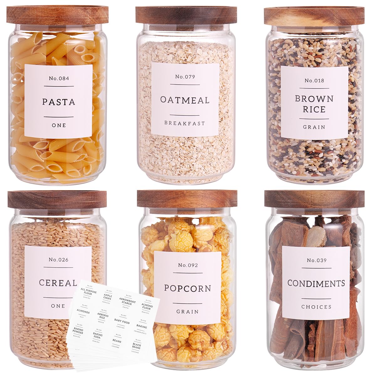 CZZGSM 3 Set Glass Pantry Storage Jars with Acacia Airtight Lid - 50oz Thicken Glass Kitchen Canisters with 132 Pantry Labels - Tall Food Storage Containers with Wood Lid for Pasta,Spaghetti,Cereal