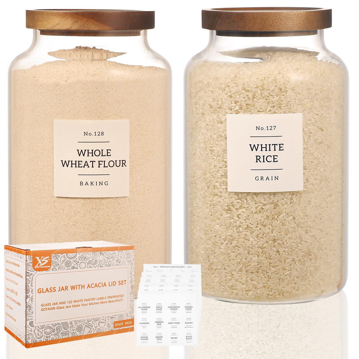 6 Pack Glass Canisters with Airtight Acacia Lids and 132 Kitchen Pantey Labels Preprint - 24 Fl Oz Borosilicate Glass Pantry Storage Jars Containers with Wooden Lids for Tea,Sugar,Cookie,Coffee,Candy
