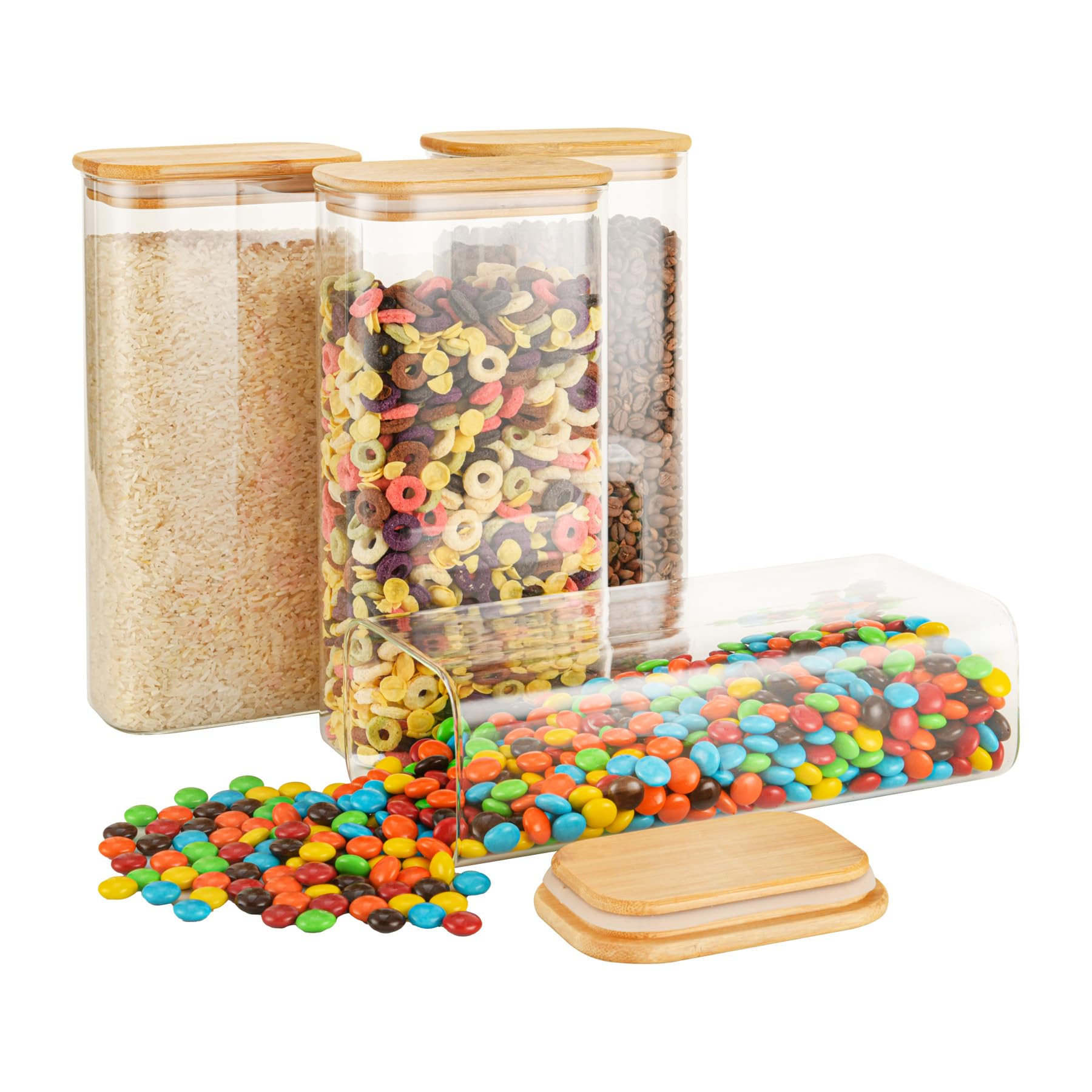D2scrma 37oz Rectangle Airtight Glass Storage Containers with Bamboo Lids (Set of 6), Square Food Storage Jar, Pantry Organizers for Cereal, Nuts, Snacks and Coffee beans (‎with Black Lable)