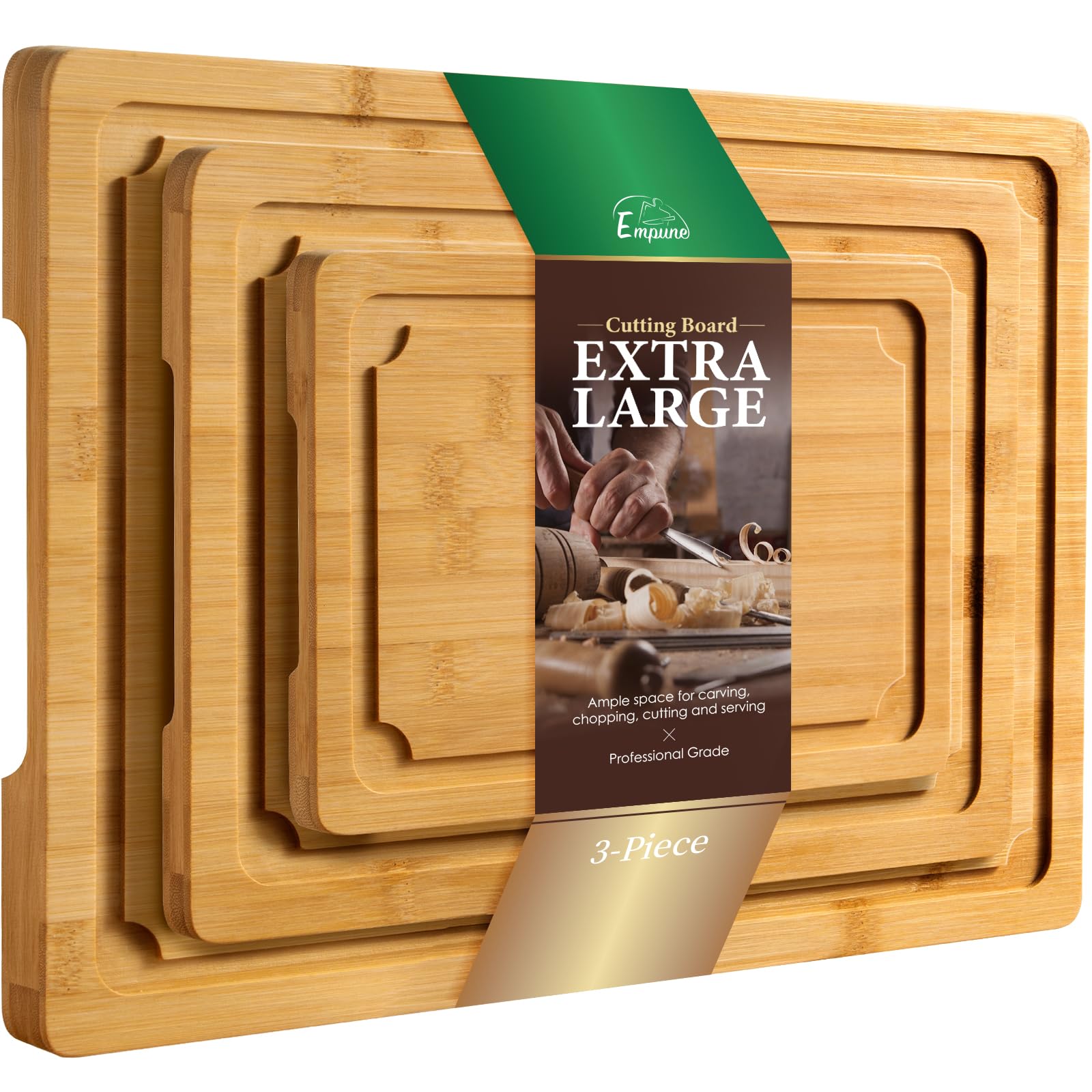 Extra Large Cutting Board, 17.6" Bamboo Cutting Boards for Kitchen with Juice Groove and Handles Kitchen Chopping Board for Meat Cheese board Heavy Duty Serving Tray, XL, Empune