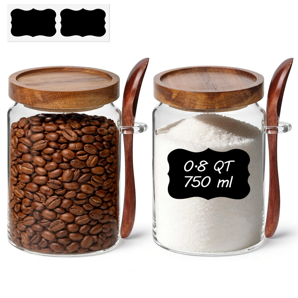 ComSaf 6PCS (1.1Qt/0.5Qt) Glass Pantry Storage Container with Acacia Wood Lid, Airtight Glass Canister with Stacked Design for Orderly Organizing, Glass Jar Organizing Dry Goods in Pantry & Cabinet