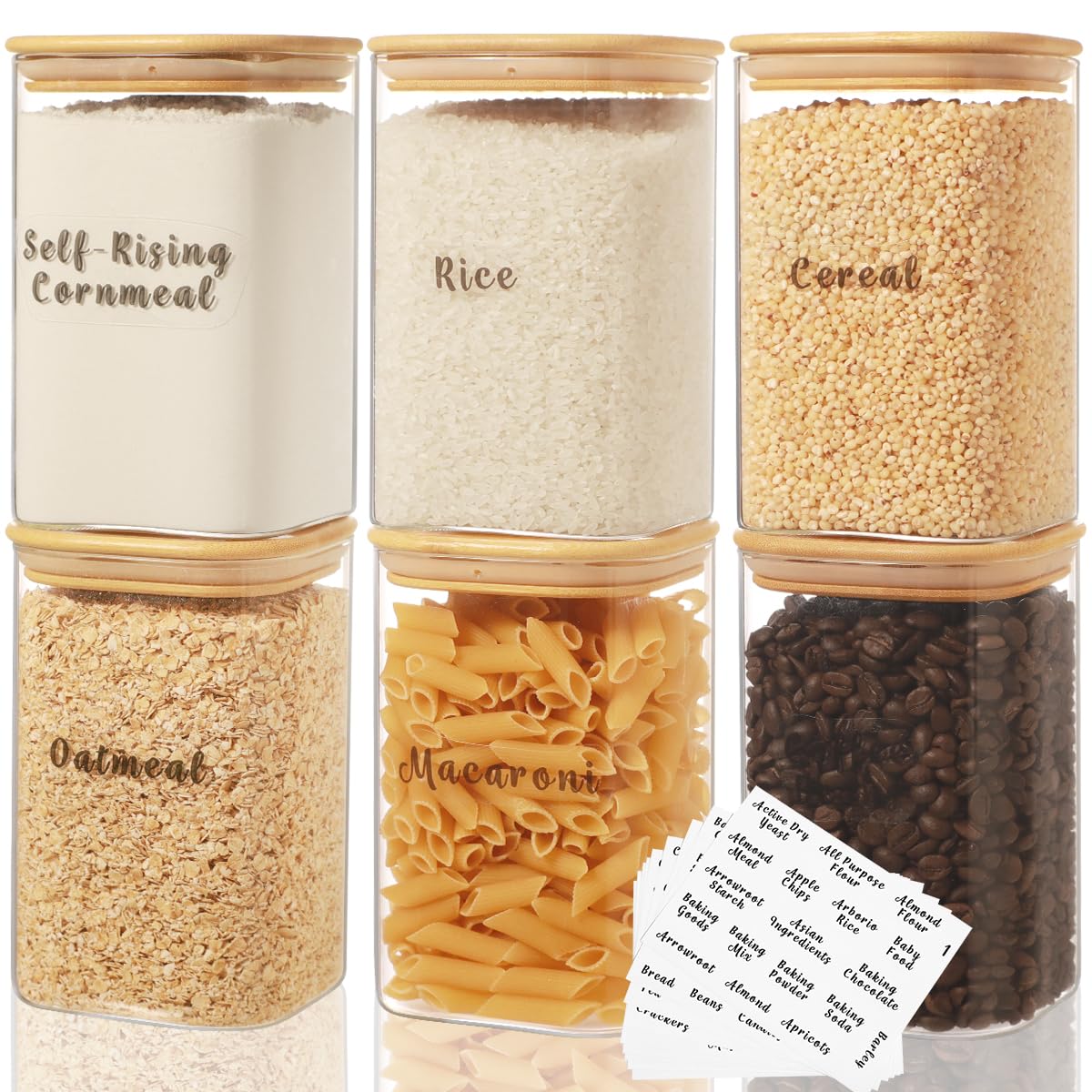 6 Pcs Square Glass Pantry Storage Containers with Bamboo Airtight Lid and 248 Clear Pantry Labels Preprinted - 37oz Thicken Glass Food Storage Jars for Coffee, Cookie, Tea, Sugar, Spice