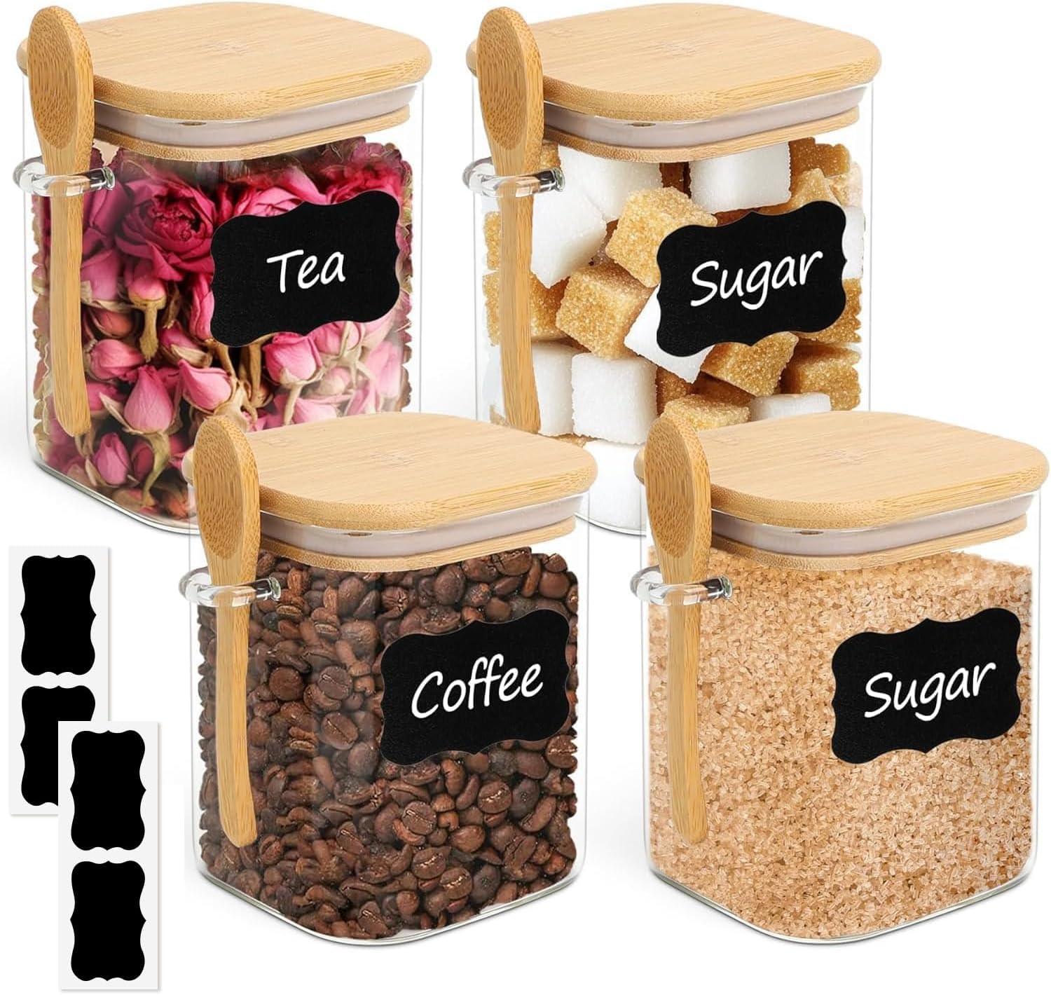 ComSaf Airtight Glass Storage Canister with Lids (0.7Qt/1.2Qt/1.6Qt) Set of 6, Food Storage Container Kitchen Pantry Storage Jar, Glass Jars for Flour Cereal Sugar Tea Coffee Beans Snacks, Square