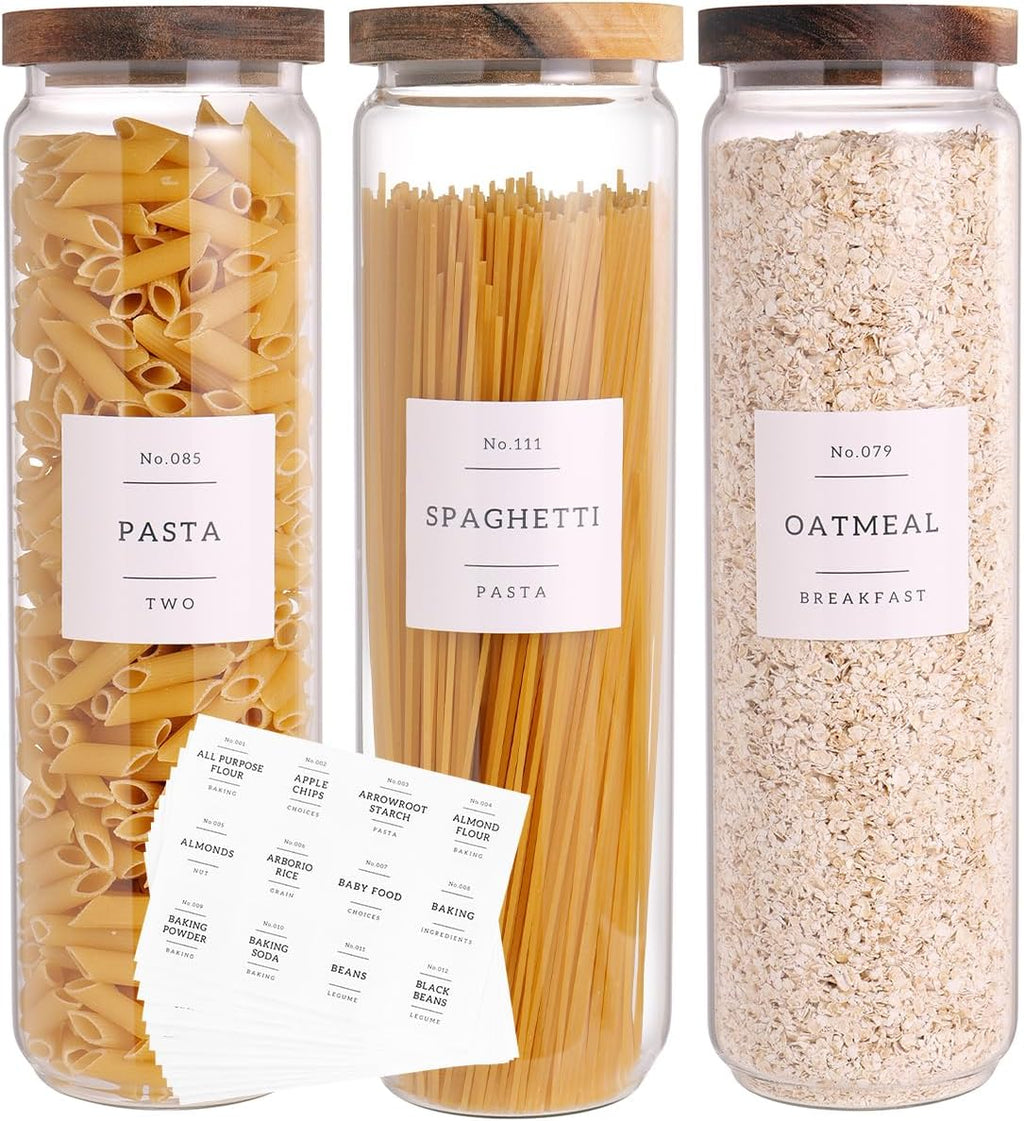 CZZGSM 3 Set Glass Pantry Storage Jars with Acacia Airtight Lid - 50oz Thicken Glass Kitchen Canisters with 132 Pantry Labels - Tall Food Storage Containers with Wood Lid for Pasta,Spaghetti,Cereal
