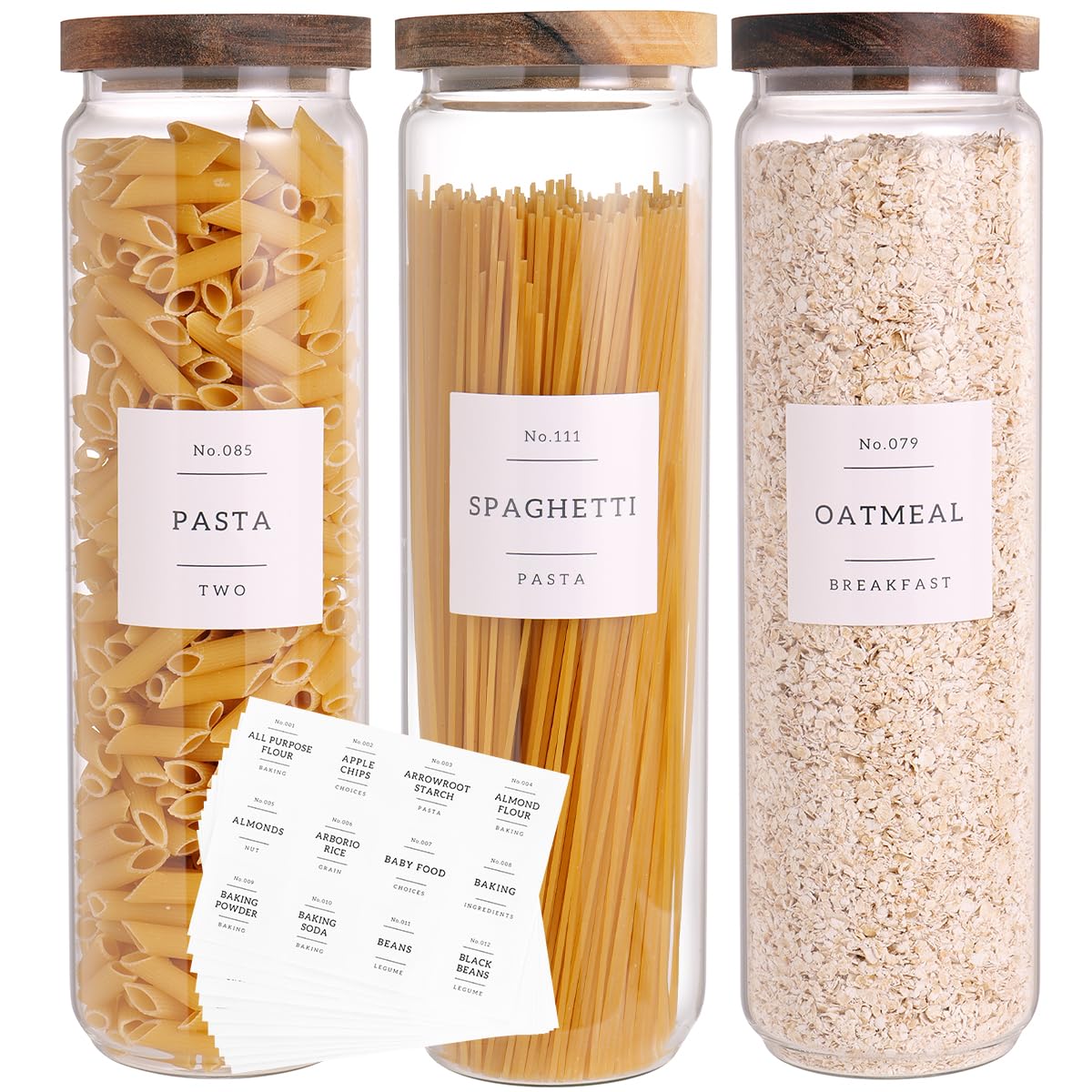 6 Set Glass Pantry Storage Jars with Acacia Airtight Lid - 23oz Thicken Glass Kitchen Canisters with 132 Pantry Labels - Clear Glass Food Storage Containers with Wood Lid for Tea,Sugar,Cookie,Coffee