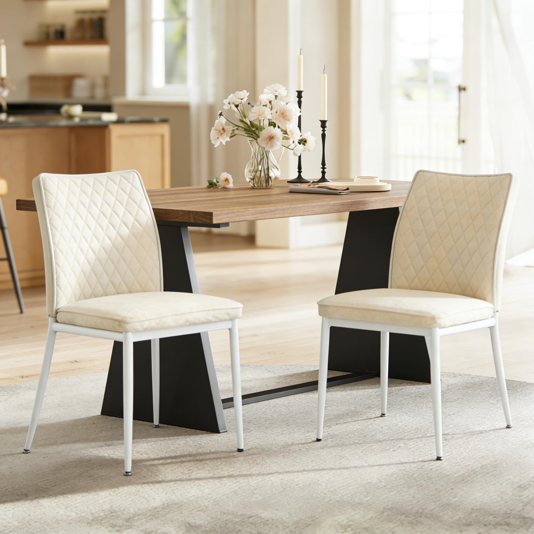 Dining Chairs Set of 2, Velvet Comfortable Seats, Mid-Century Modern Living Room Chairs, Upholstered Kitchen Chairs with Wooden Legs and Padded Seat for Bedroom Office Easy Assembly, Beige
