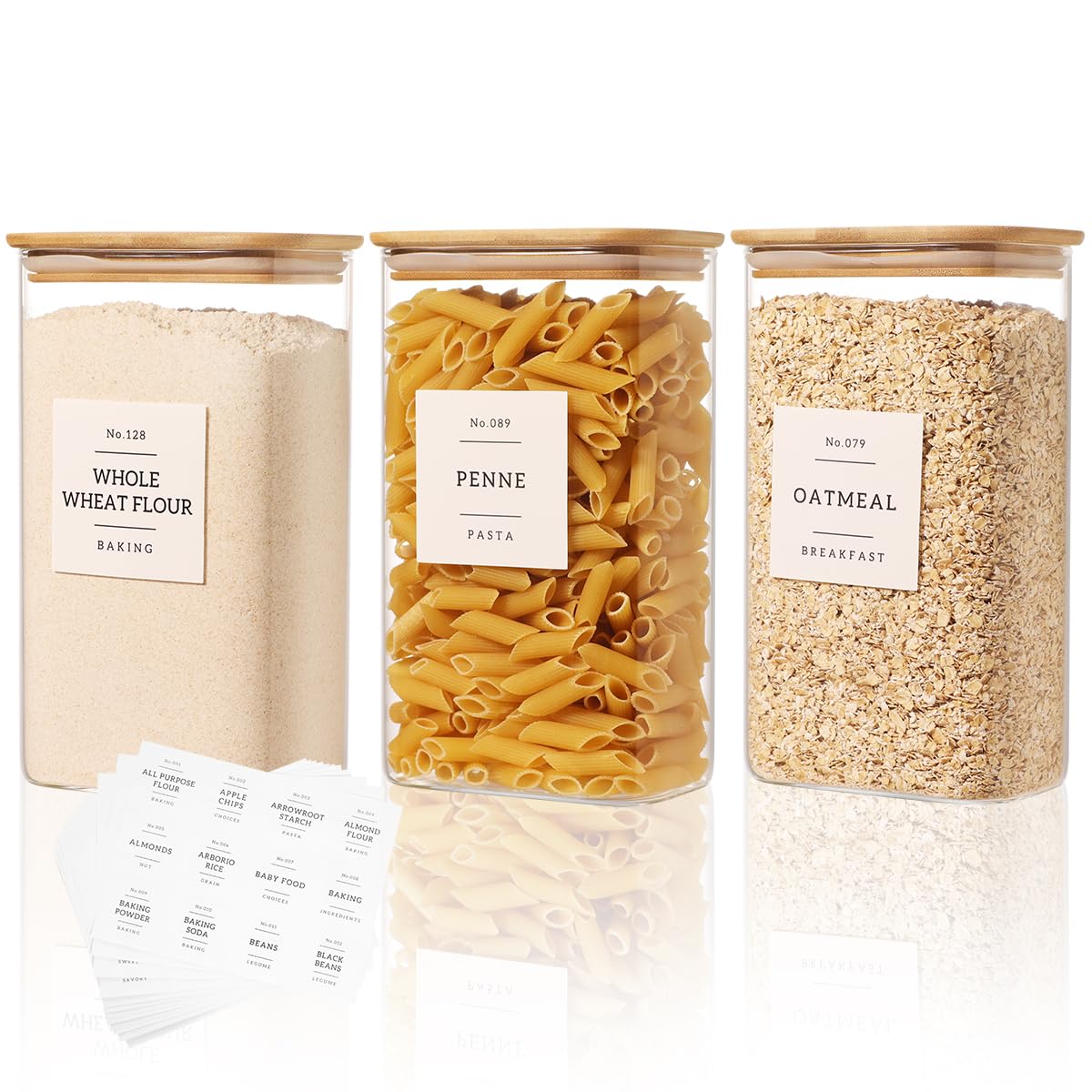 5 Pack Square Glass Pantry Storage Containers with 132 Kitchen Food Pantry Labels - Clear Glass Pantry Jars with Airtight Wood Bamboo Lids - Glass Canisters for Pasta, Cereal, Coffee, Flour, Sugar