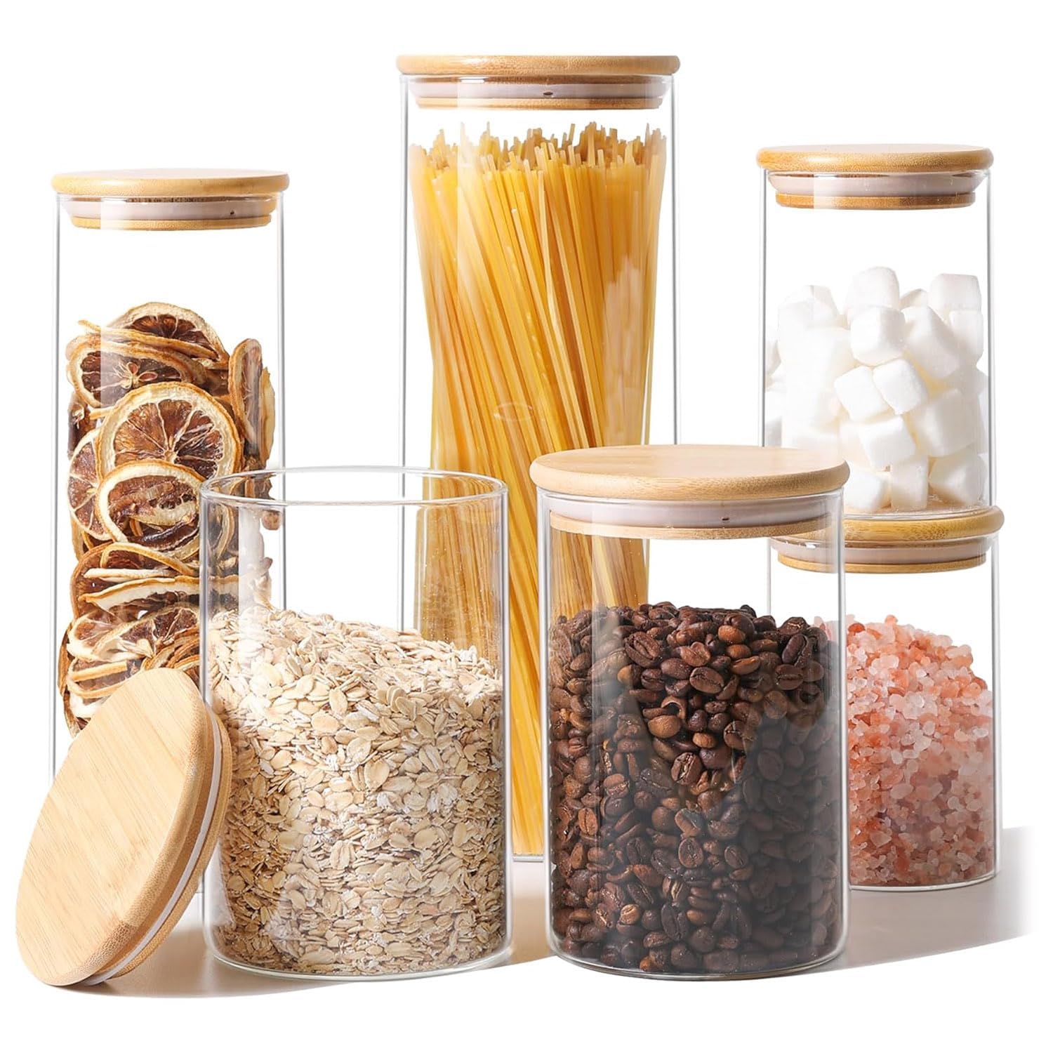 ComSaf Glass Food Storage Jars Set of 6, Tall Glass Storage Containers with Lids, Spaghetti Jar, Canisters Set for the kitchen, Pasta, Flour, Nuts, Oat, Coffee and Sugar Container, Pantry Organization