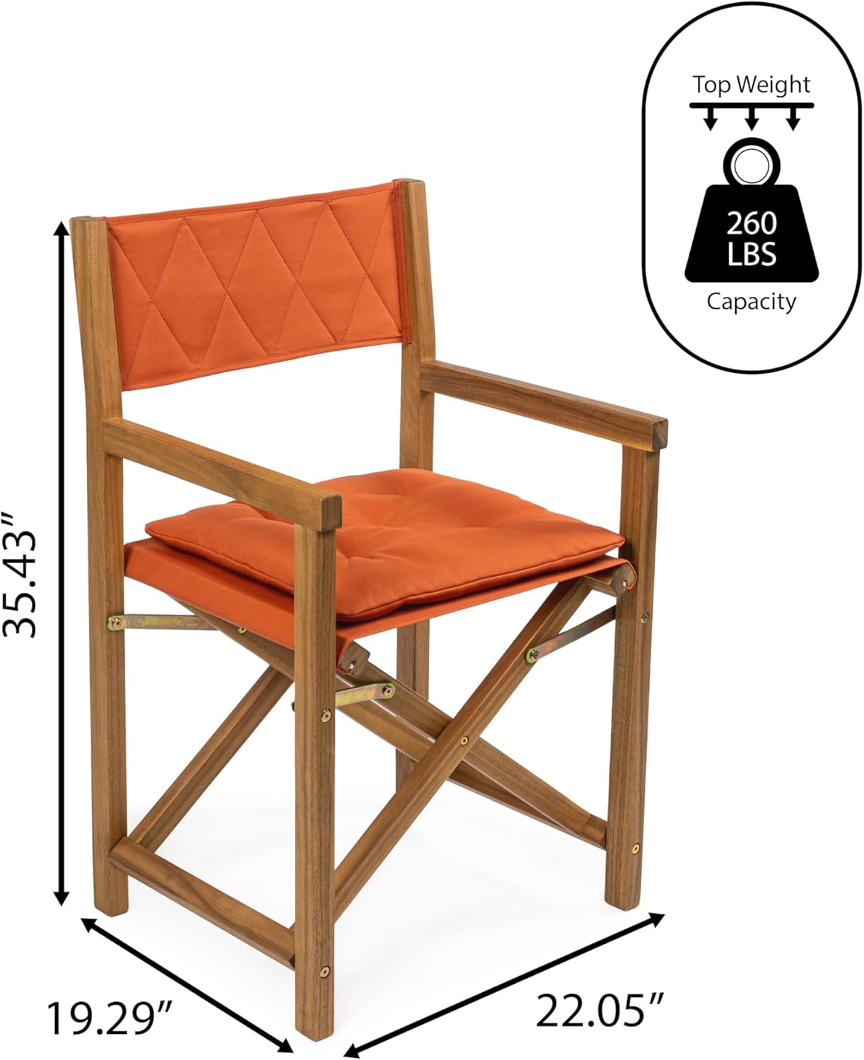 JONATHAN Y DRC1002B-SET2 Waldo Classic Mid-Century Outdoor Acacia Wood Foldable Diamond-Quilted Back Director Chair with Cushion Modern, Vintage, Bohemian, Coastal, Orange/Teak Brown (Set of 2)