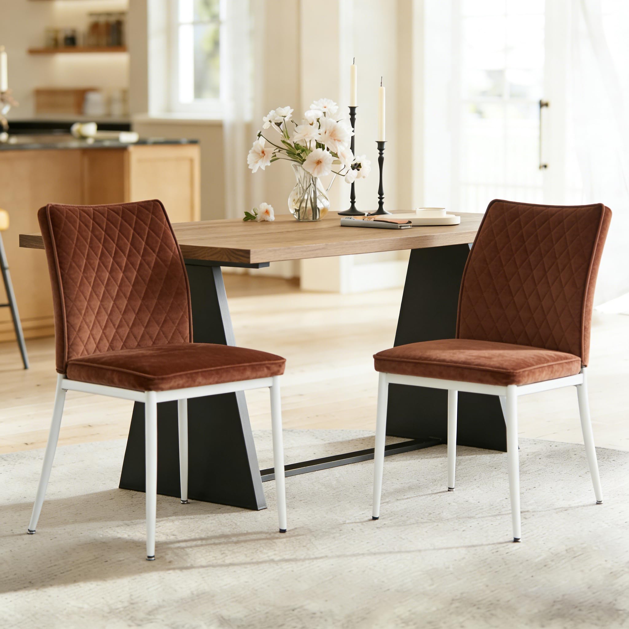 Dining Chairs Set of 2, Velvet Comfortable Seats, Mid-Century Modern Living Room Chairs, Upholstered Kitchen Chairs with Wooden Legs and Padded Seat for Bedroom Office Easy Assembly, Beige