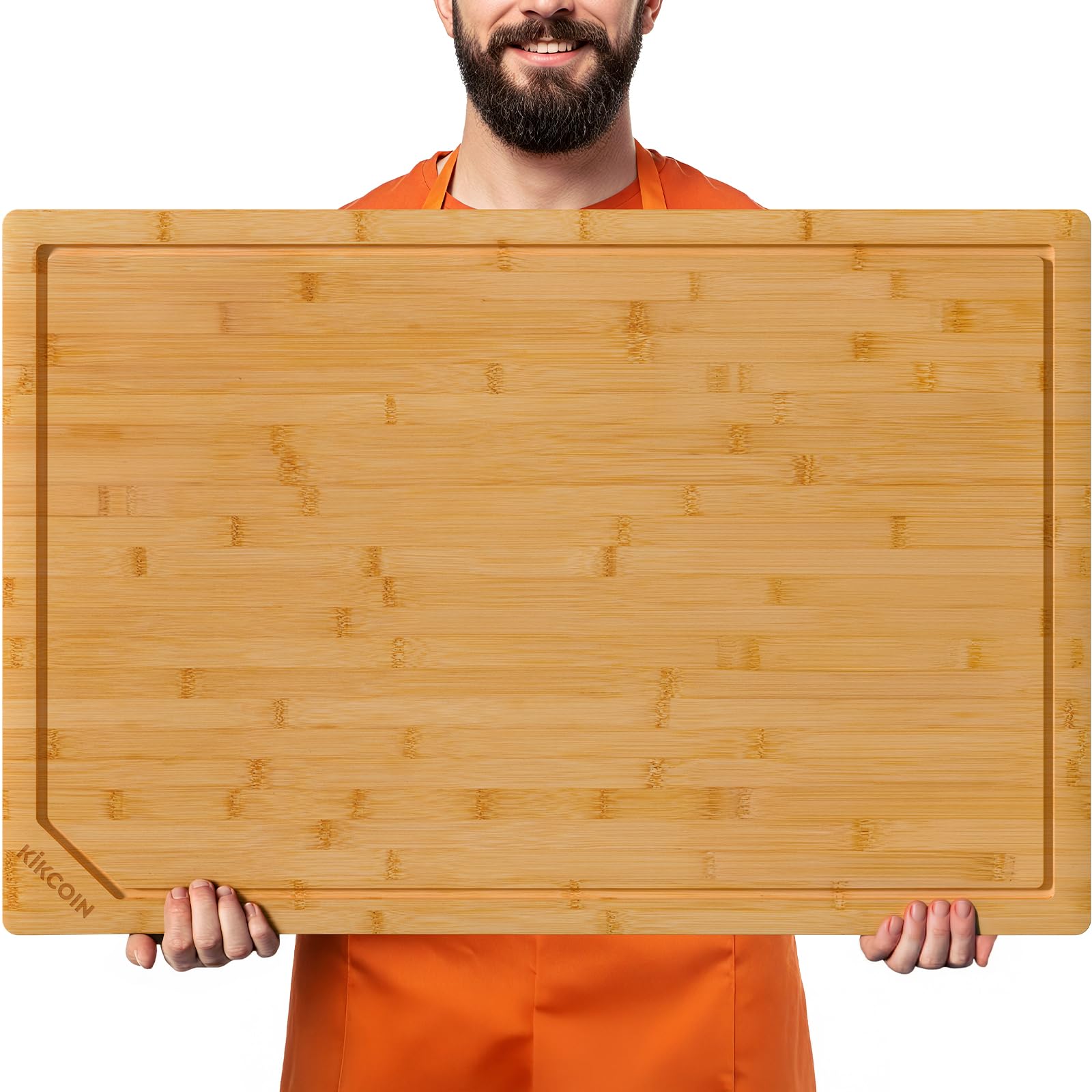 Kikcoin 17”×11” Bamboo Cutting Boards for Kitchen, Healthy Wooden Cutting Boards for Kitchen, Charcuterie, Vegetables, Cheese, Extra Large Chopping Boards with Deep Juice Groove and Handle, Natural