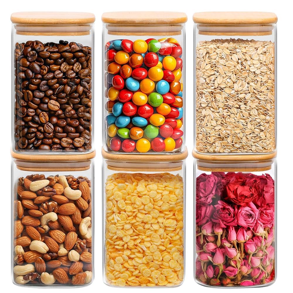 ComSaf 1.2 Qt Glass Storage Containers with Lids, Glass Jars with Lids, Clear Food Storage Jar, Square Canister Set of 9, Pantry Organizers and Storage for Cookie Flour Oat Pasta Tea Coffee Bean