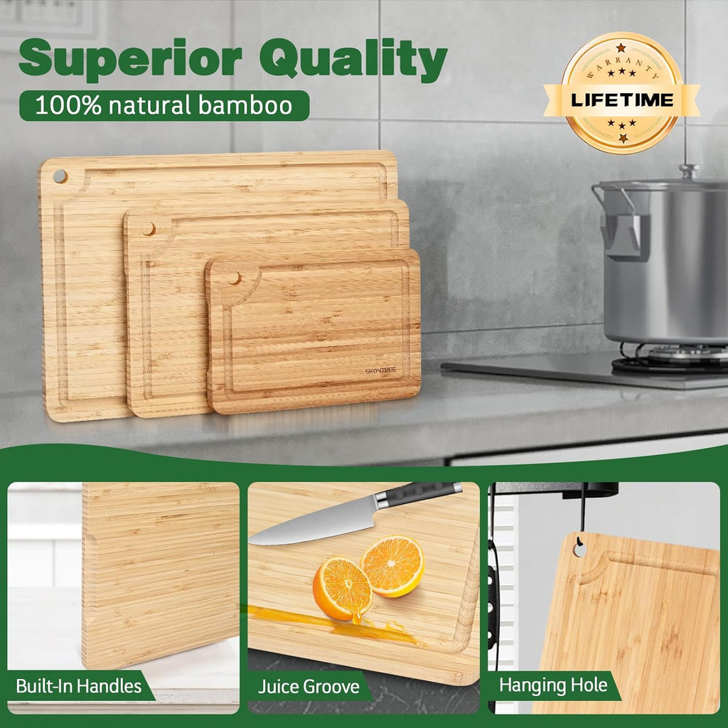 Small Bamboo Cutting Boards for Kitchen, Cutting Board with Handle, Juice Groove for Fruits Chopping, Mini Lightweight 9"L x 6"W