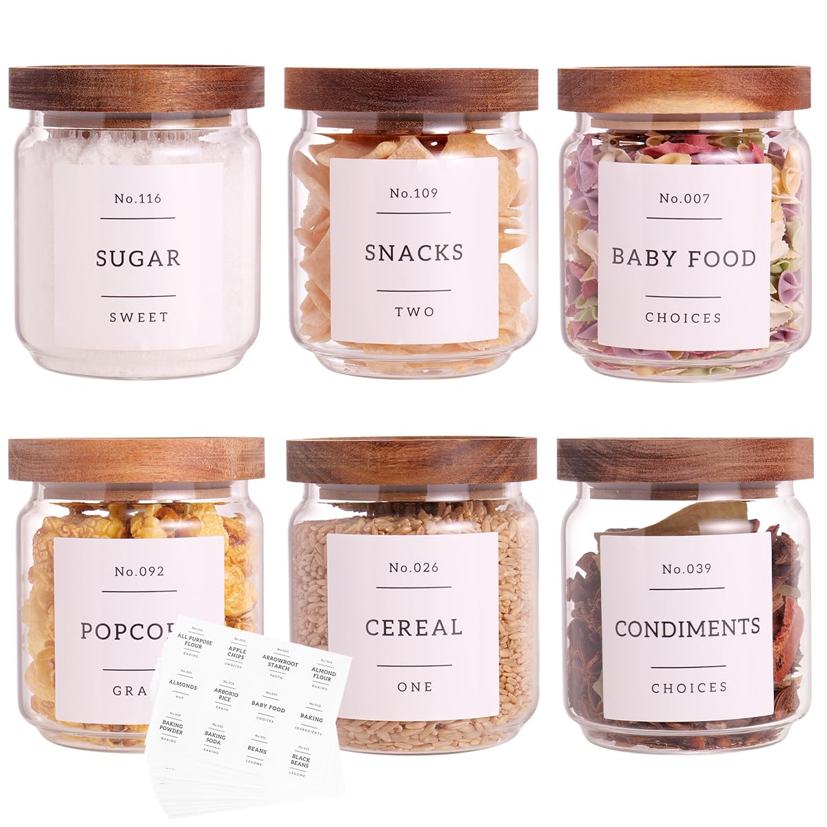 CZZGSM 3 Set Glass Pantry Storage Jars with Acacia Airtight Lid - 50oz Thicken Glass Kitchen Canisters with 132 Pantry Labels - Tall Food Storage Containers with Wood Lid for Pasta,Spaghetti,Cereal