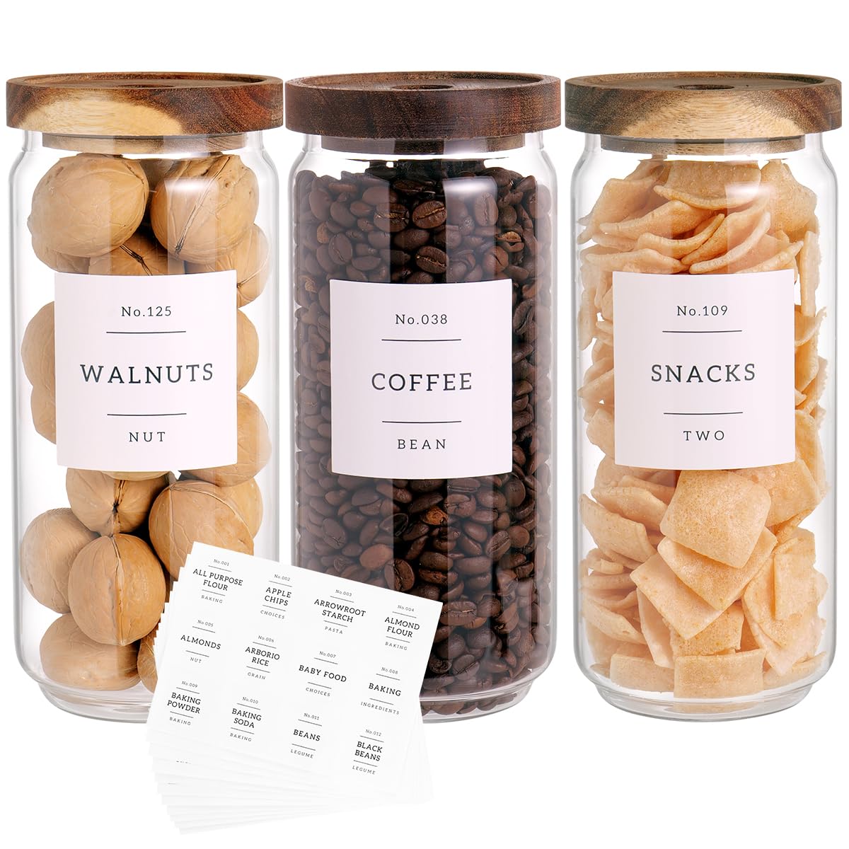 6 Set Glass Pantry Storage Jars with Acacia Airtight Lid - 23oz Thicken Glass Kitchen Canisters with 132 Pantry Labels - Clear Glass Food Storage Containers with Wood Lid for Tea,Sugar,Cookie,Coffee