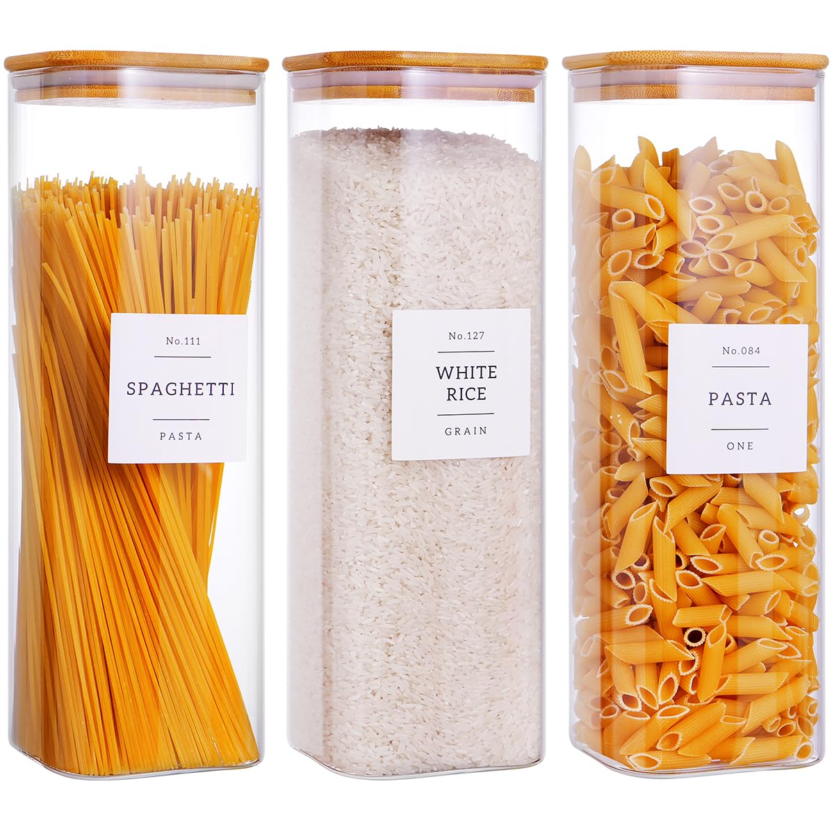 CZZGSM 6 Pack Square Kitchen Storage Jars with Airtight Bamboo Lids and 132 Pantry Labels - 35oz Glass Canisters With Wood Lids - Food Storage Containers for Coffee, Cookie, Tea, Spice